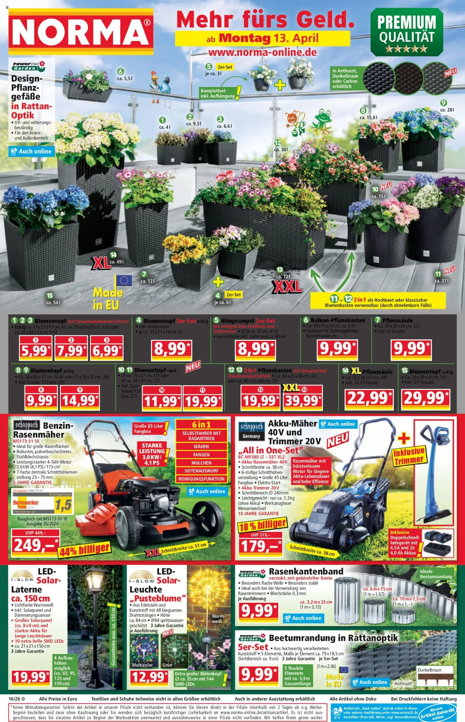 Norma Prospekt 	 – gültig ab 13.04.2026 | Seite: 1 | Produkte: Hochbeet, Rasenmäher, Blumentopf, Ladegerät