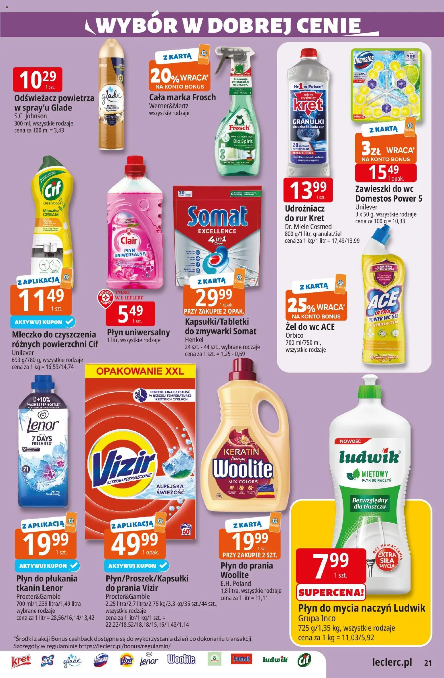 E.Leclerc Gazetka - Radom od 24.02.2026 | Strona: 21 | Produkty: Odświeżacz, Karta, Płyn do mycia szyb, Domestos