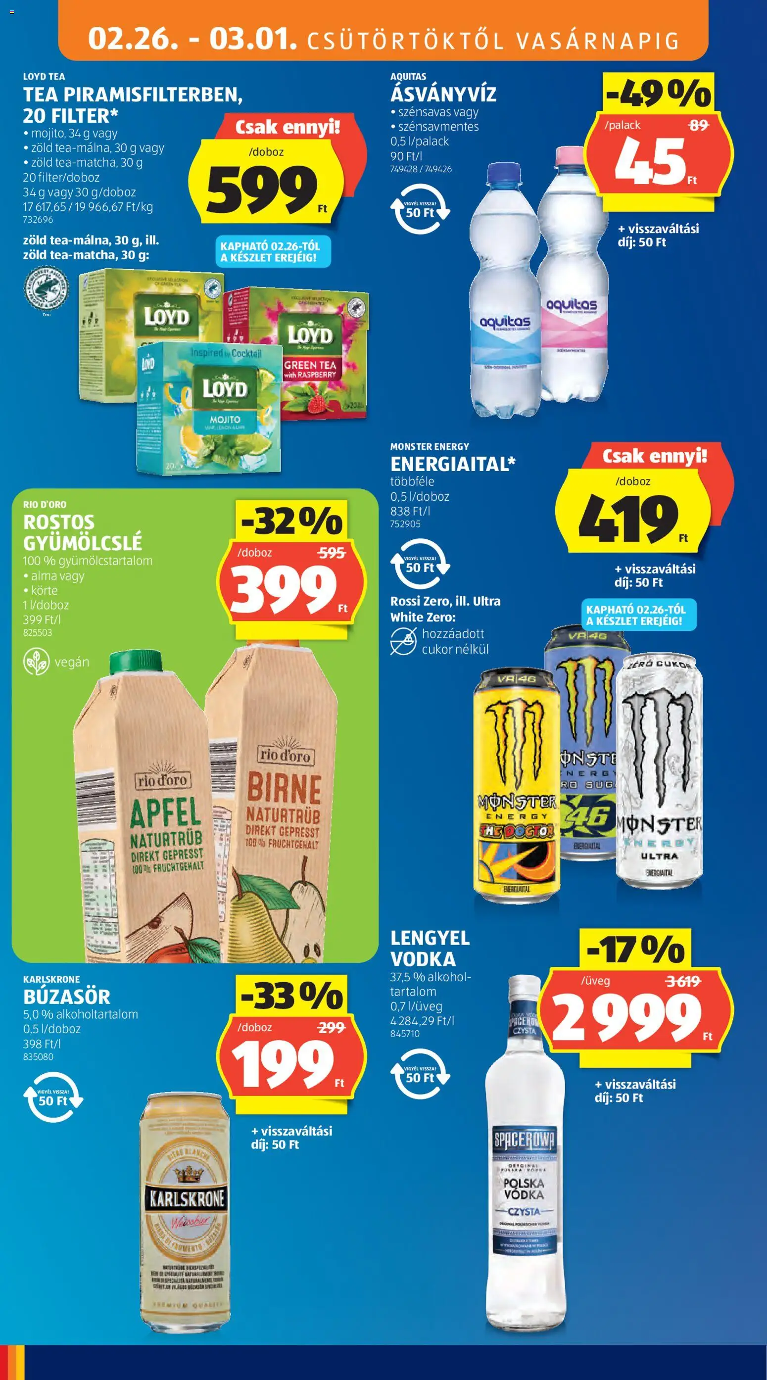 Aldi akciós ujság - amely érvényes a következő dátumtól: 26.02.2026 | Oldal: 12 | Termékek: Energiaital, Ásványvíz, Tea, Vegán