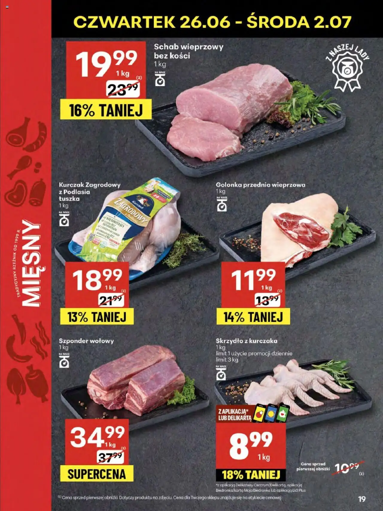 Delikatesy Centrum Gazetka - Sklepy Własne od 26.06.2025 | Strona: 19 | Produkty: Schab wieprzowy, Schab wieprzowy bez kości, Delikatesy, Kurczak zagrodowy