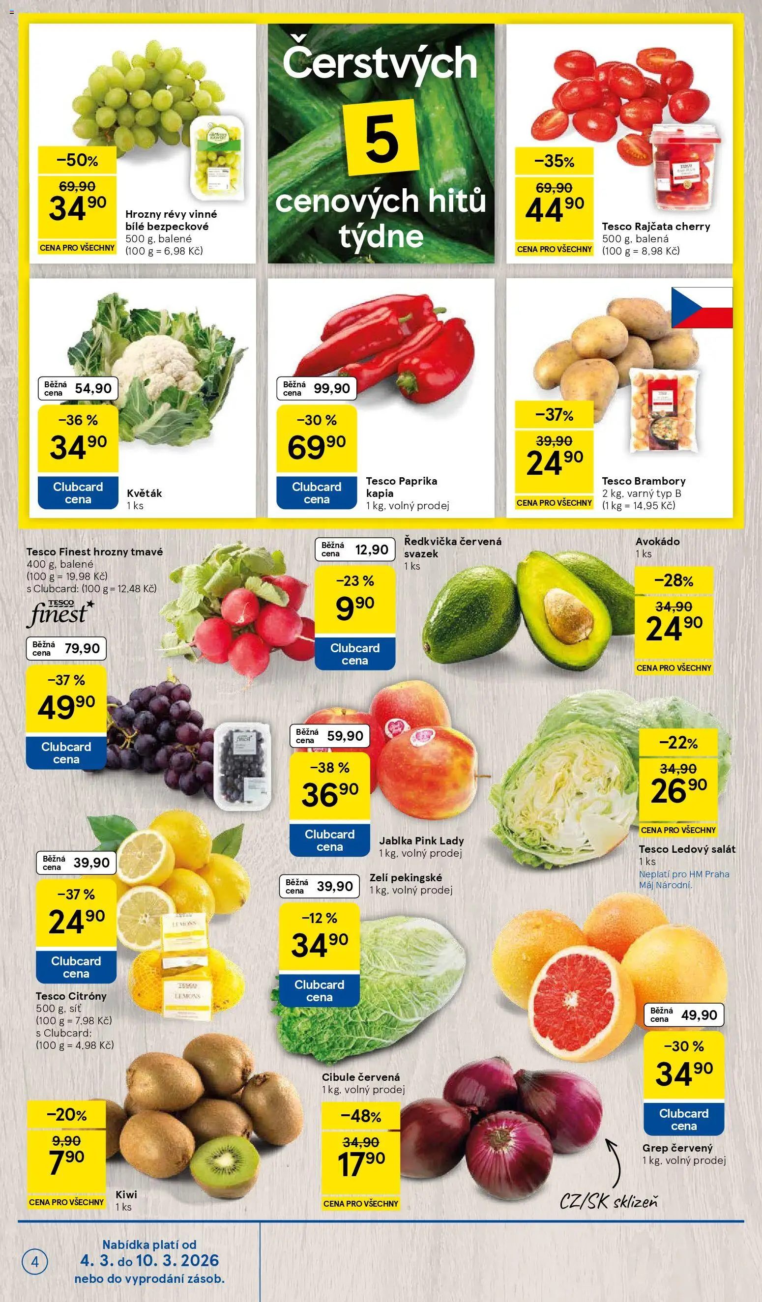 Tesco leták - Hypermarket od 04.03.2026 | Strana: 4 | Produkty: Jablka, Zelí, Grep, Cibule