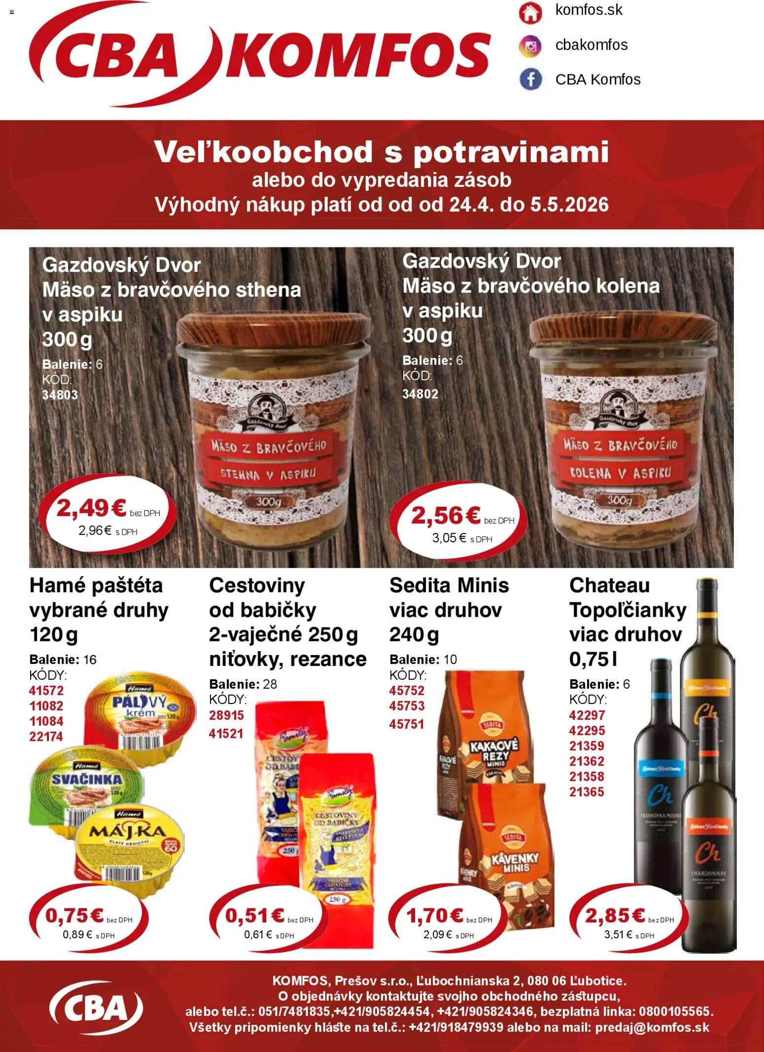 Nové CBA Komfos akcie – leták je platný od 24.04.2026 | Strana: 1 | Produkty: Cestoviny, Rezance, Krém