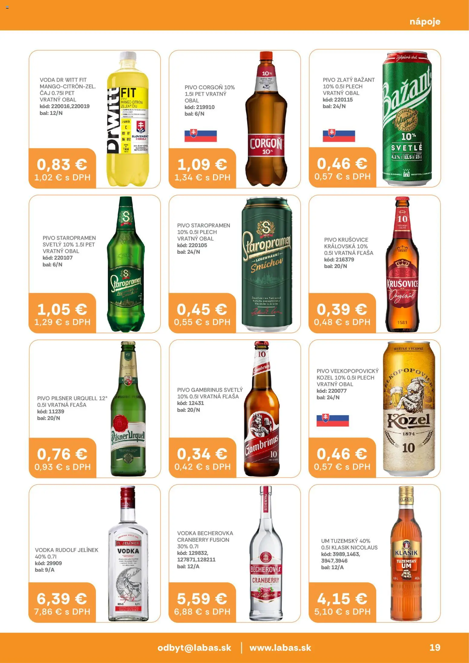 Nové Labaš akcie – leták je platný od 16.01.2026 | Strana: 19 | Produkty: Becherovka, Pivo, Zlatý Bažant, Corgoň