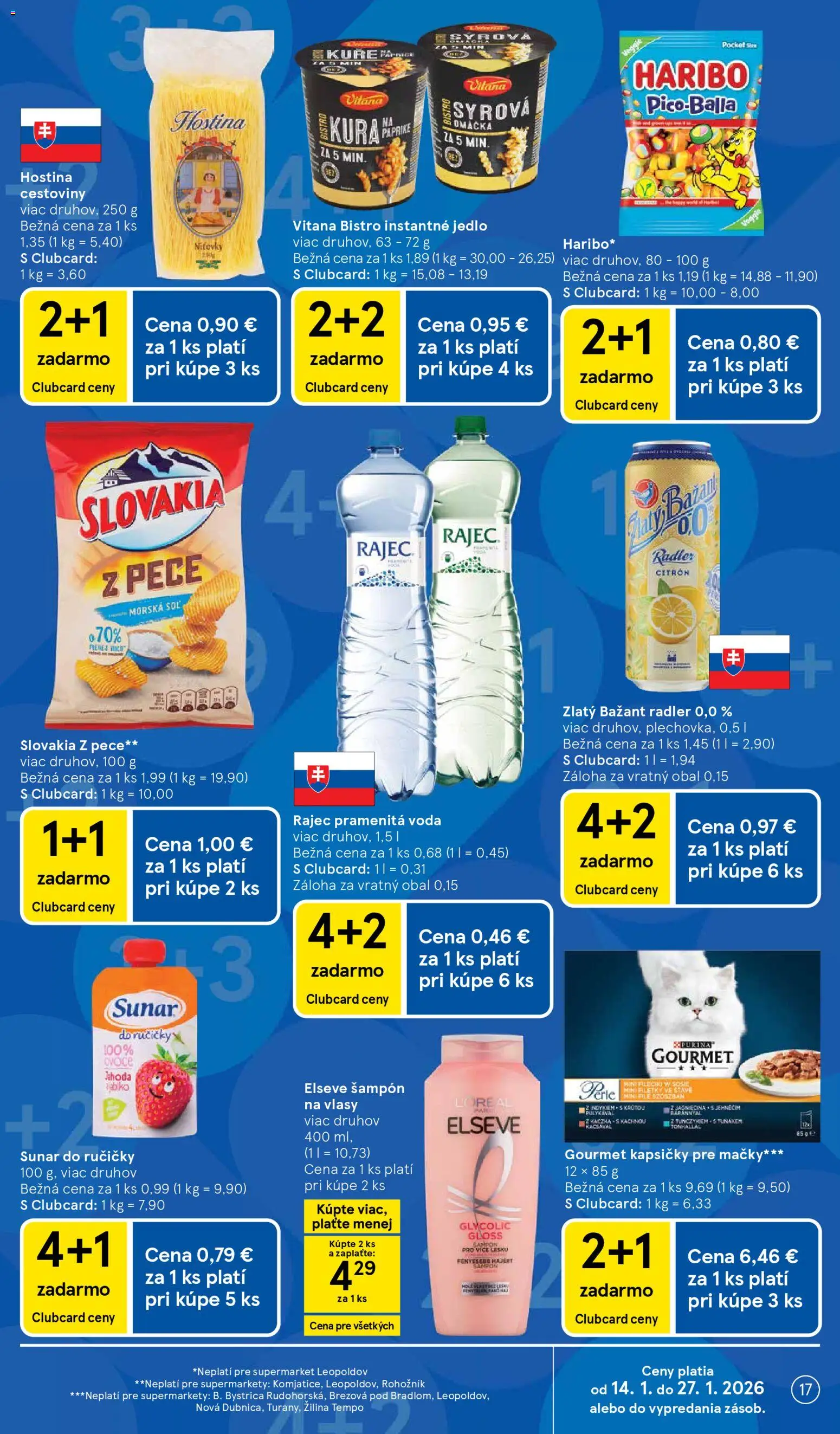 Nové Tesco akcie – leták je platný od 14.01.2026 | Strana: 17 | Produkty: Rajec, Sunar, Zlatý Bažant, Soľ