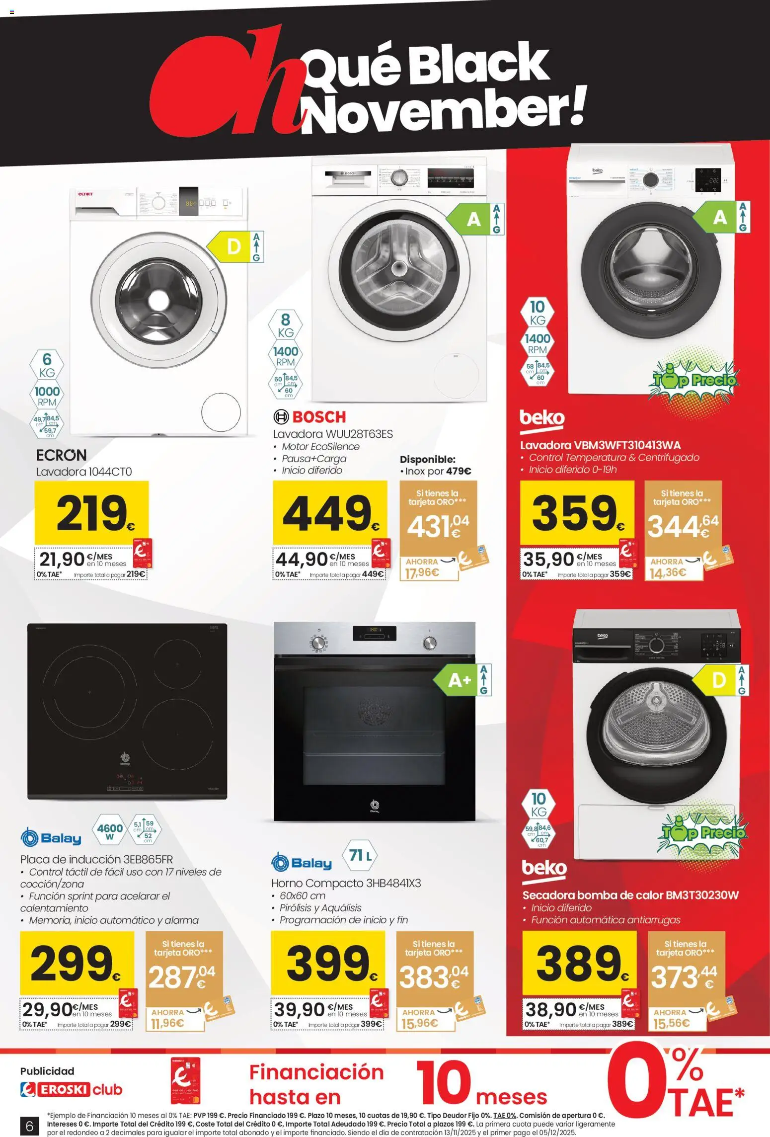 Eroski - Black Friday │ válido desde el 13.11.2025 | Página: 6 | Productos: Lavadora, Secadora, Horno