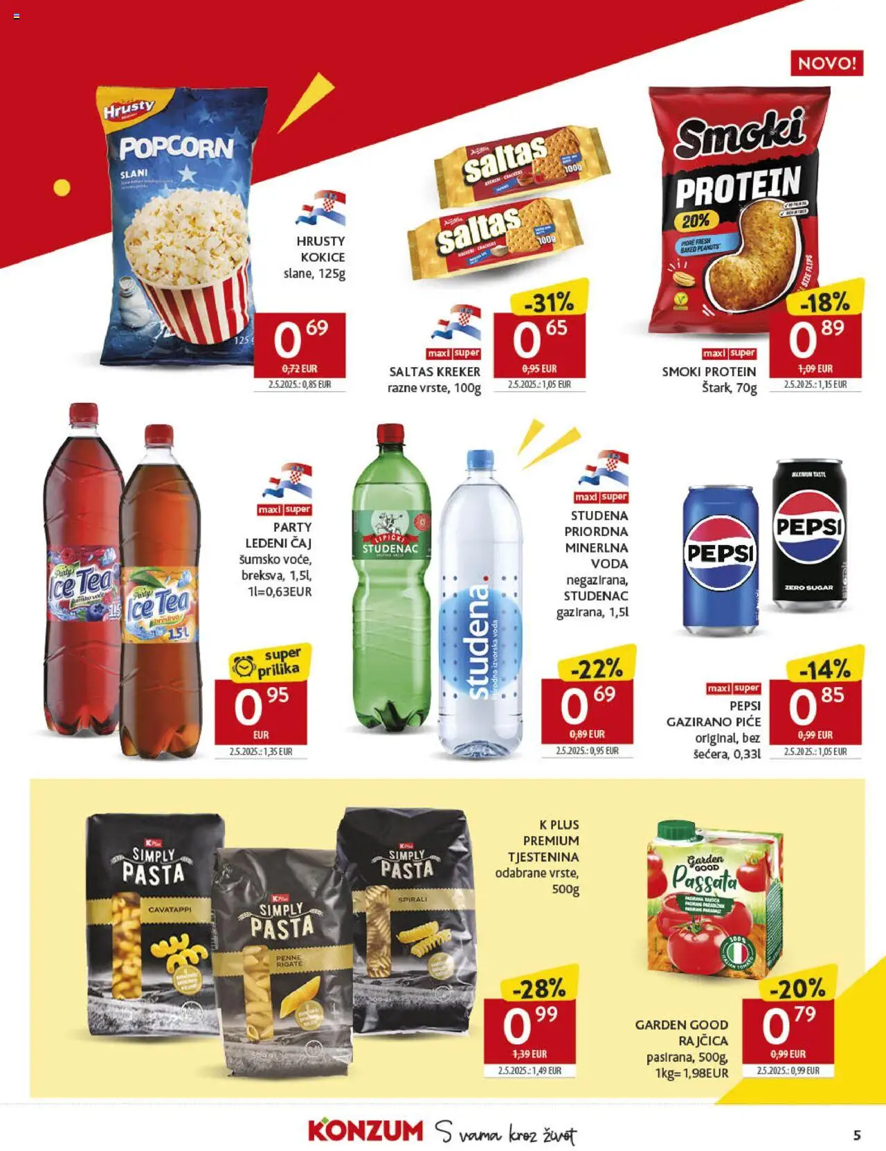 Konzum HR akciós ujság - amely érvényes a következő dátumtól: 10.09.2025 | Oldal: 5 | Termékek: Pepsi, Protein, Kréker, Popcorn