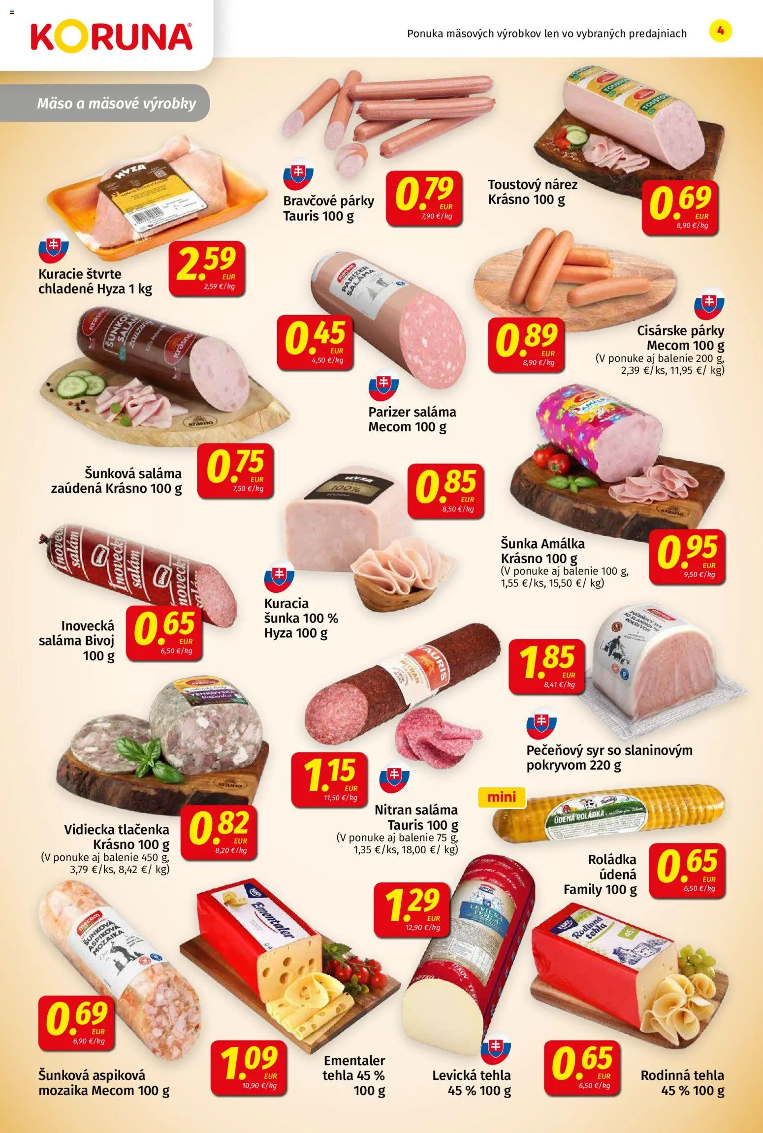 Nové Koruna akcie – leták je platný od 09.01.2026 | Strana: 4 | Produkty: Syr, Saláma, Šunka, Párky