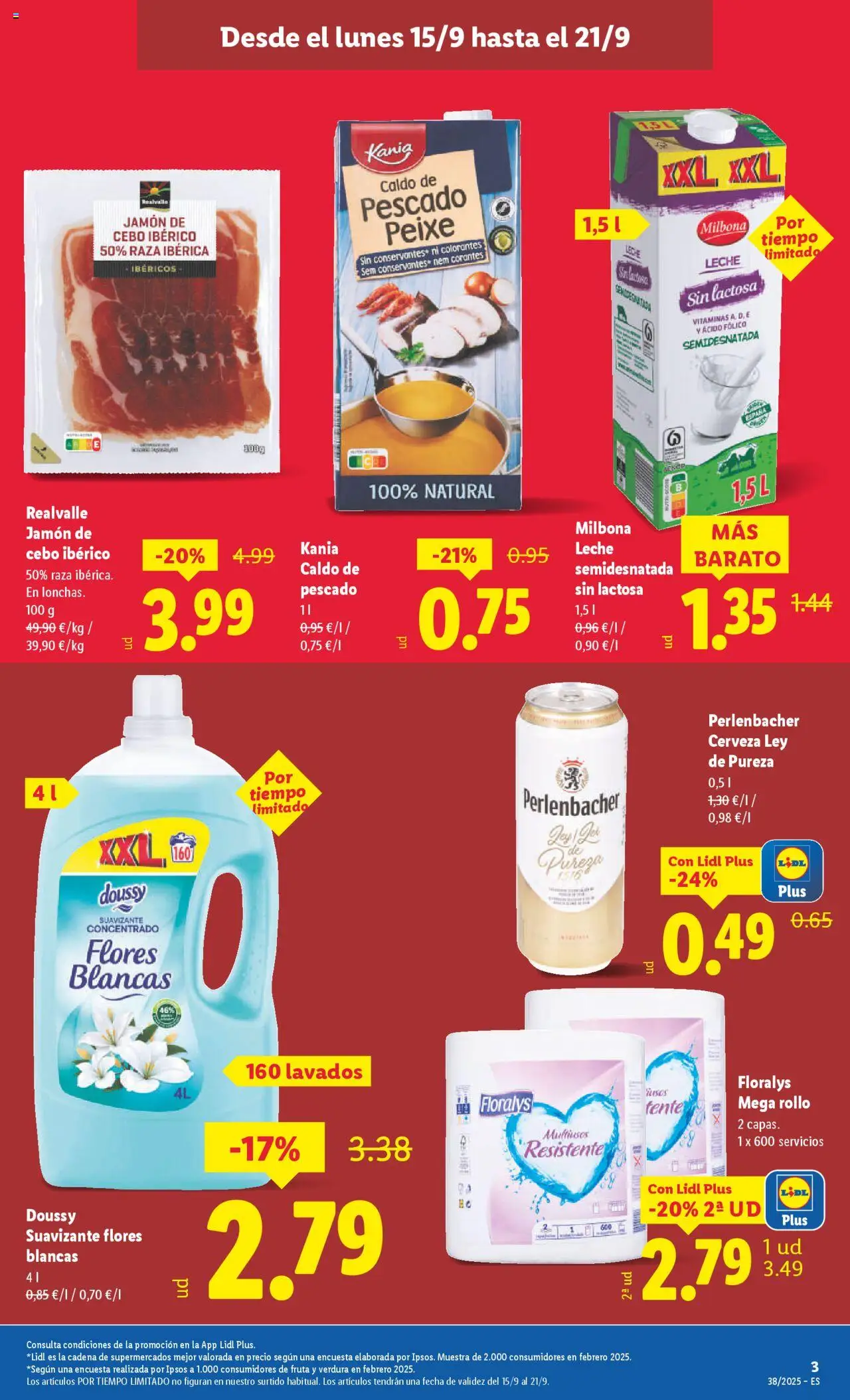 Lidl folleto │ válido desde el 15.09.2025 | Página: 3 | Productos: Leche, Cerveza, Pescado, Suavizante