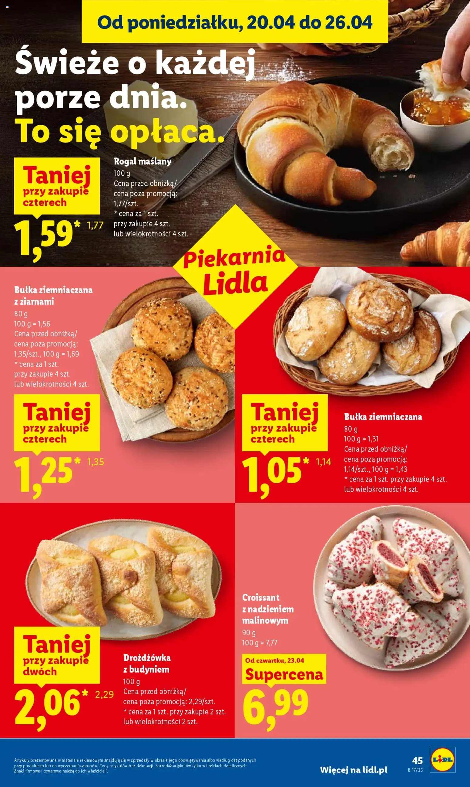 Lidl gazetka od 23.04.2026 | Strona: 45 | Produkty: Drożdżówka z budyniem, Piekarnia, Bułka
