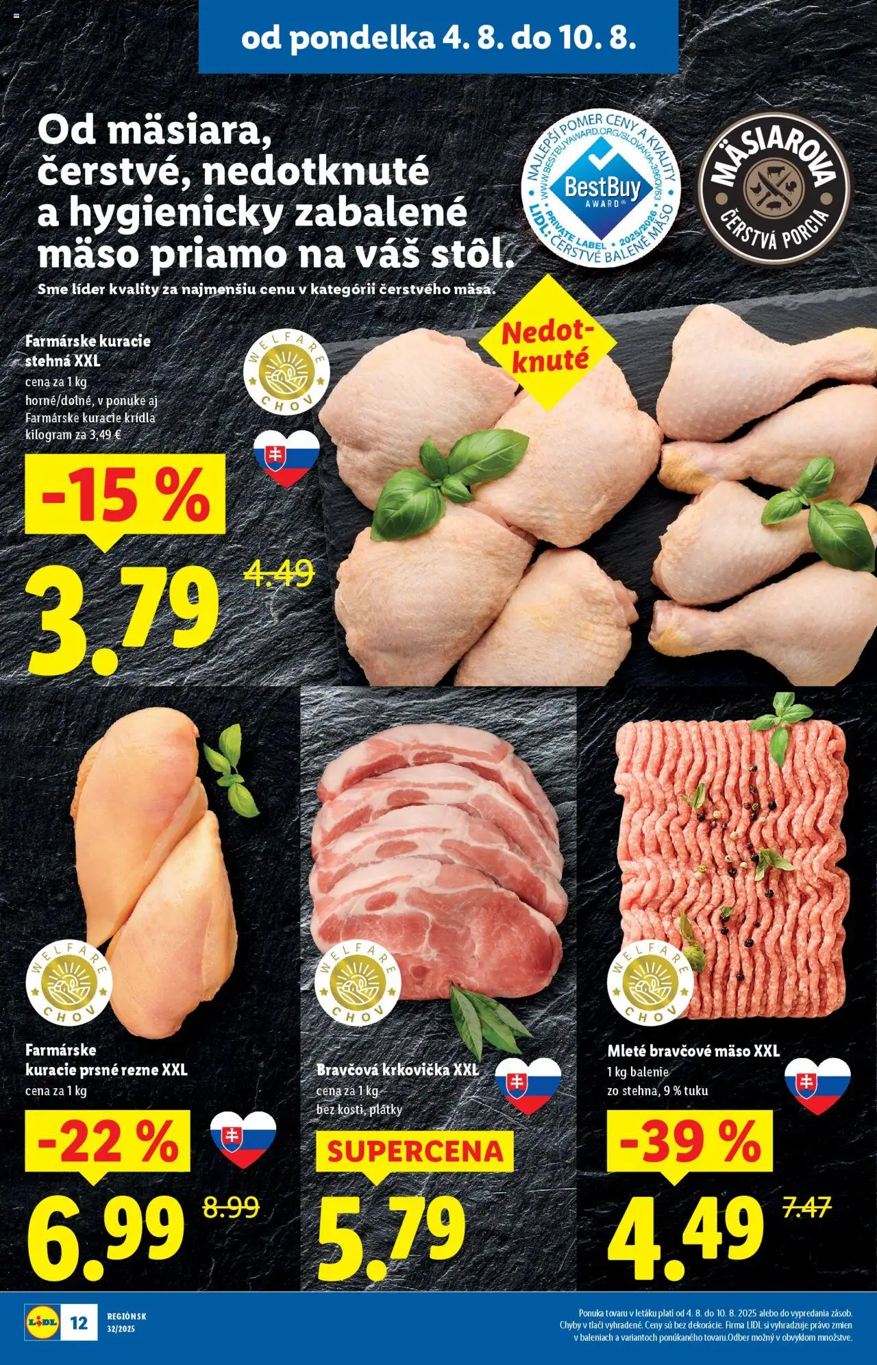 Lidl leták │ platný od 04.08.2025 | Strana: 12 | Produkty: Bravčová krkovička, Kuracie stehná, Bravčové mäso, Kuracie krídla