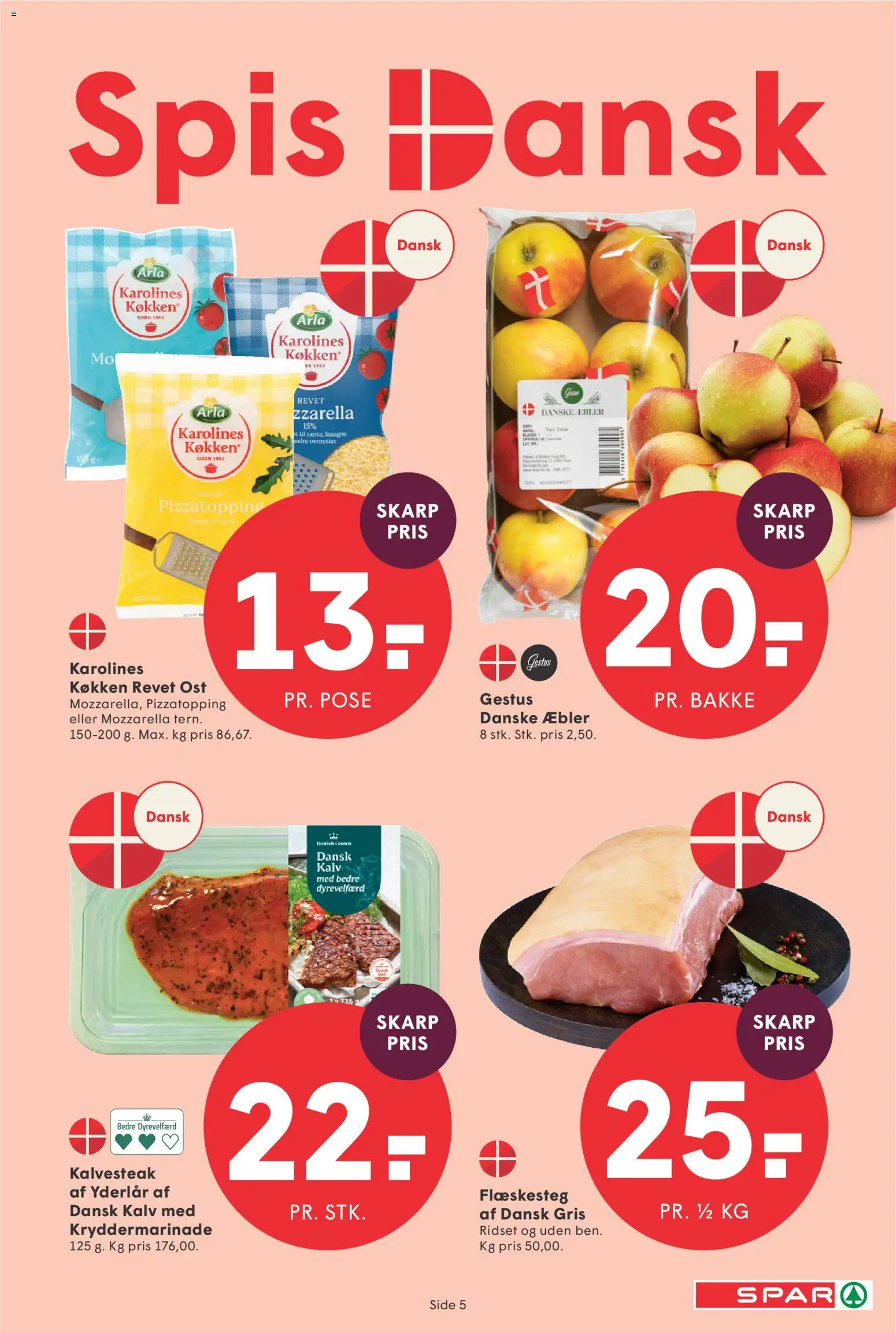 Spar tilbudsavis – gyldig fra 24.04.2026 | Side: 5 | Produkter: Æbler, Flæskesteg, Mozzarella, Carpete