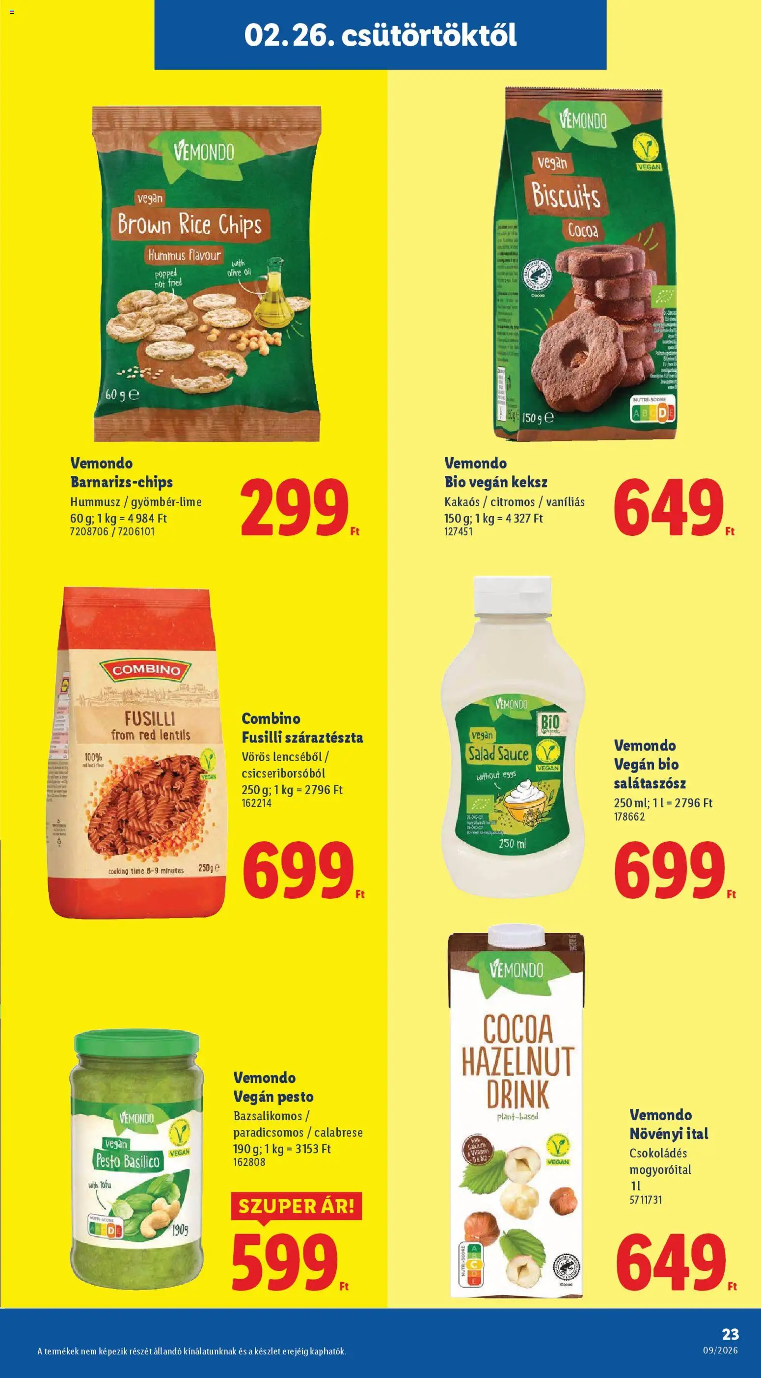 Lidl akciós ujság - amely érvényes a következő dátumtól: 26.02.2026 | Oldal: 23 | Termékek: Pesto, Chips, Vegán, Száraztészta