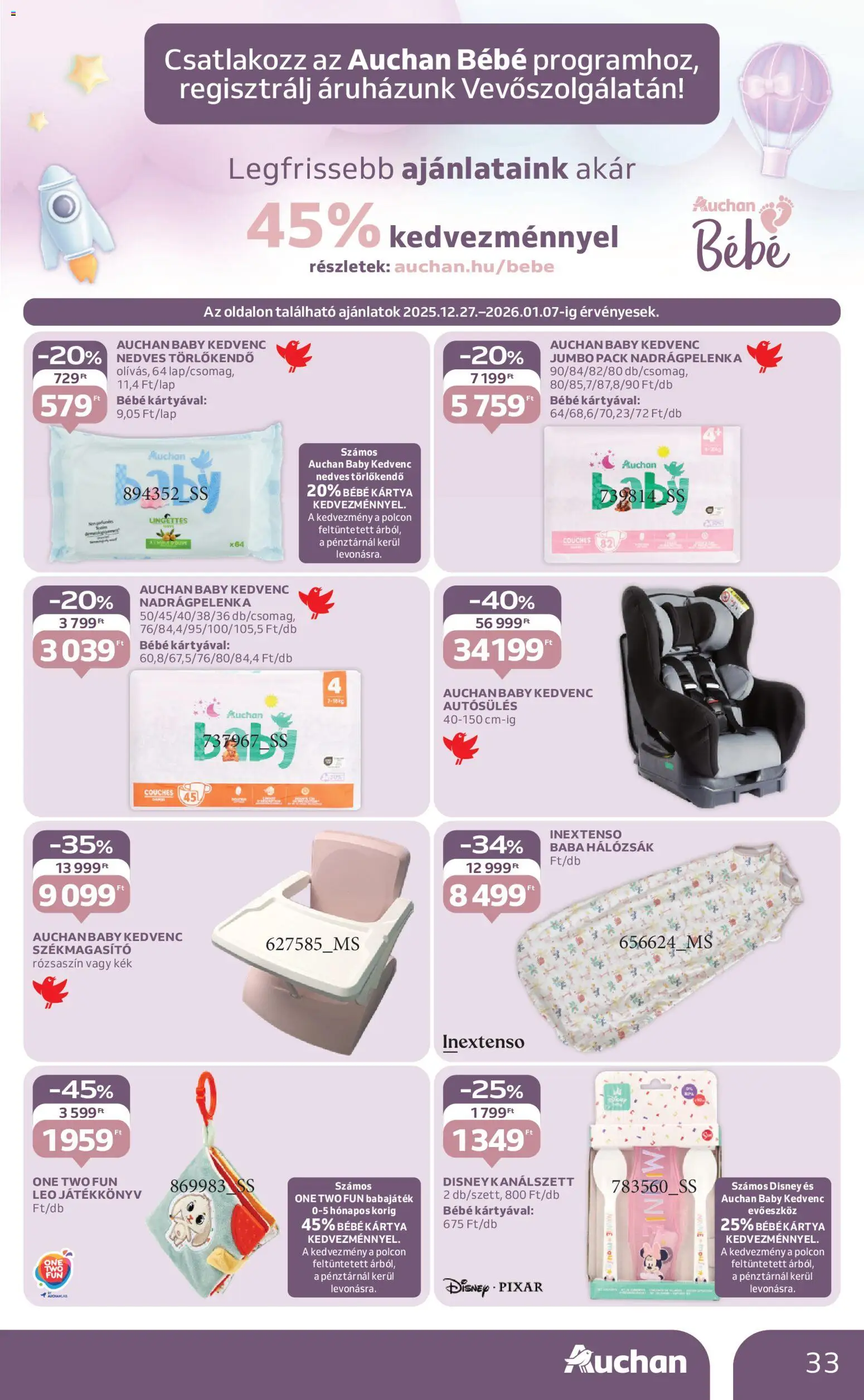 Auchan akciós ujság - amely érvényes a következő dátumtól: 27.12.2025 | Oldal: 33 | Termékek: Baba hálózsák, Evőeszköz, Törlőkendő, Hálózsák