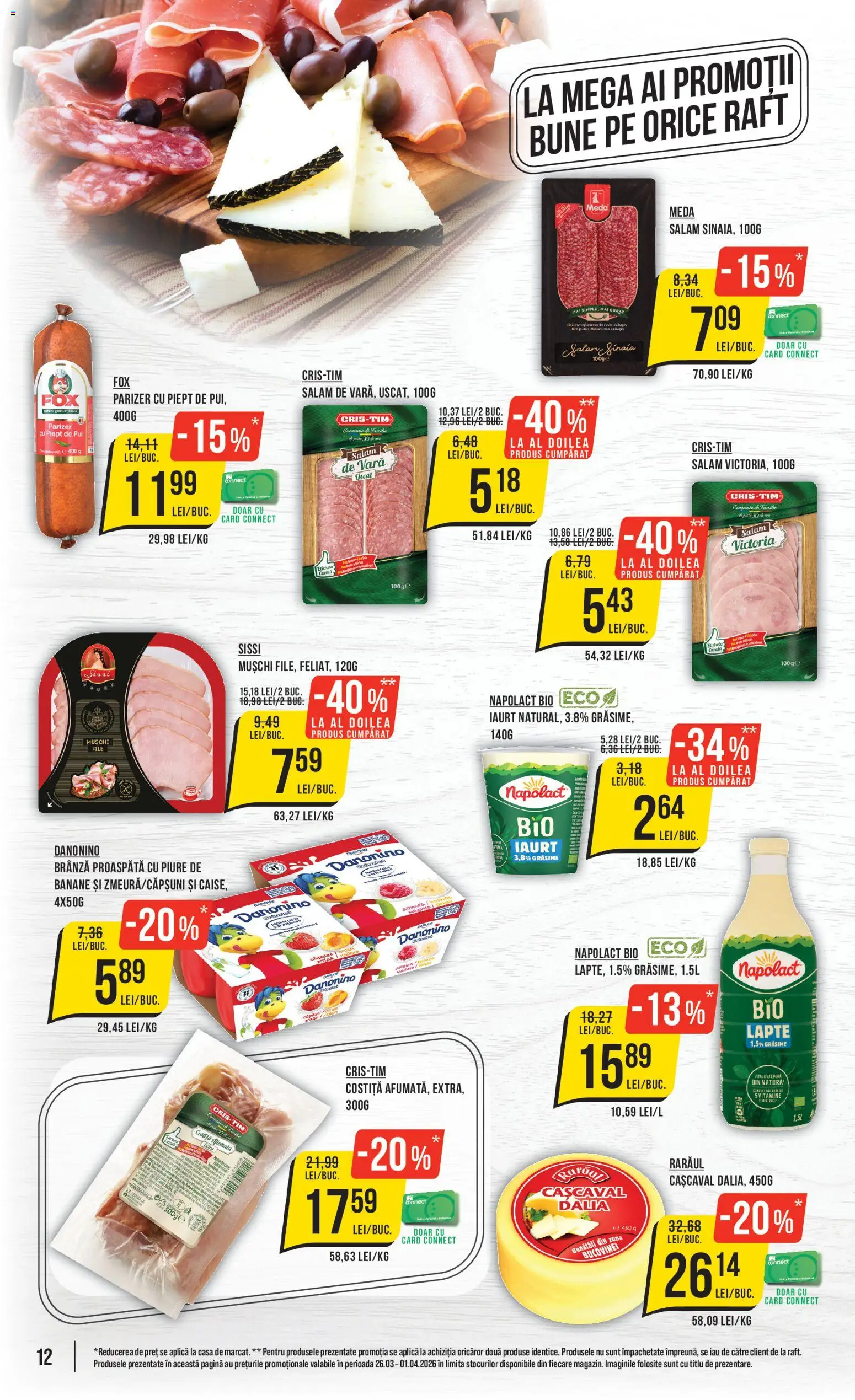 Noul catalog Mega Image – valabil de la 26.03.2026 | Pagină: 12 | Produse: Hacıyatmaz Kedi Oyuncağı, Cașcaval, Iaurt, Salam