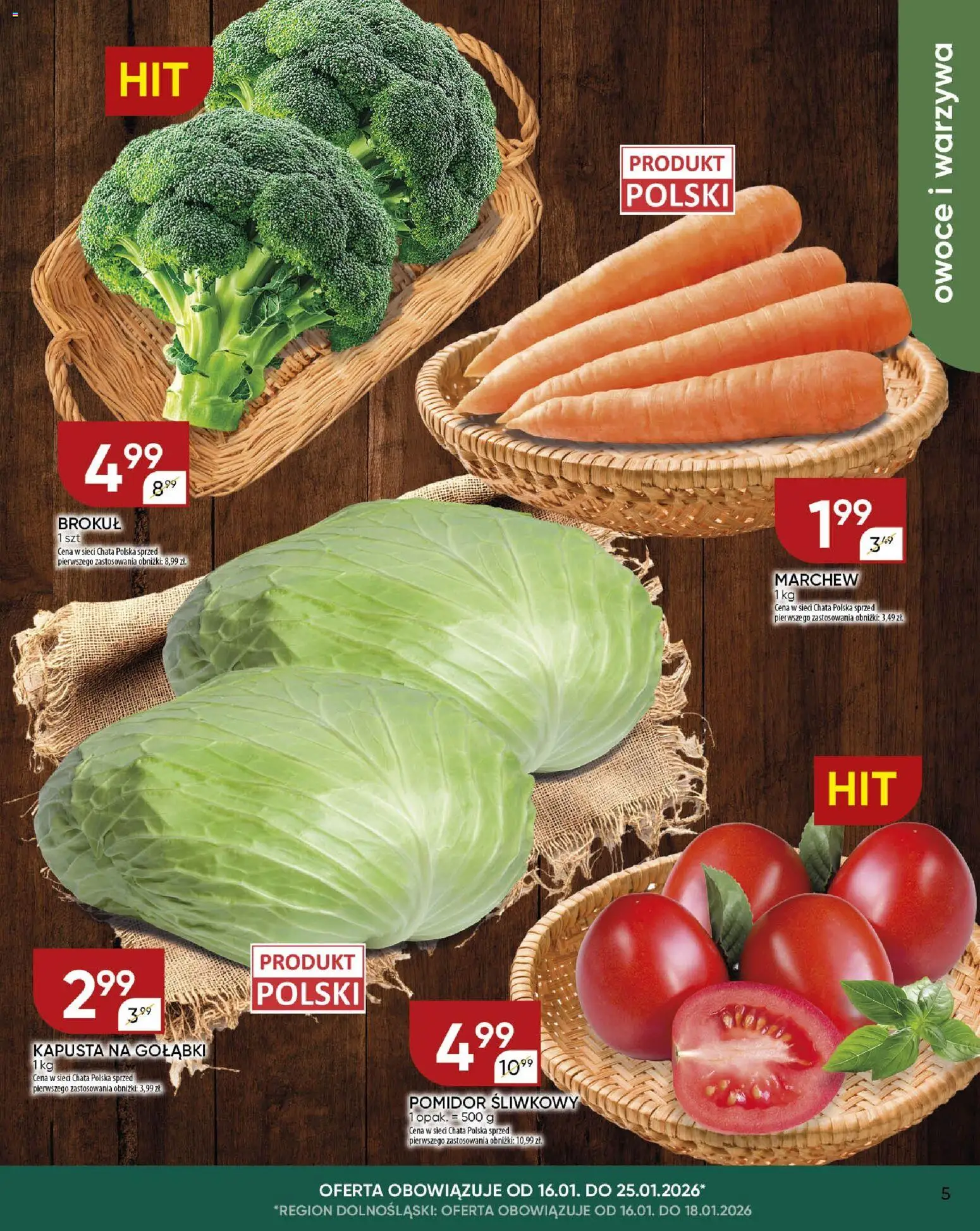 Chata Polska Gazetka od 15.01.2026 | Strona: 5 | Produkty: Pomidor śliwkowy, Kapusta, Brokuł, Warzywa