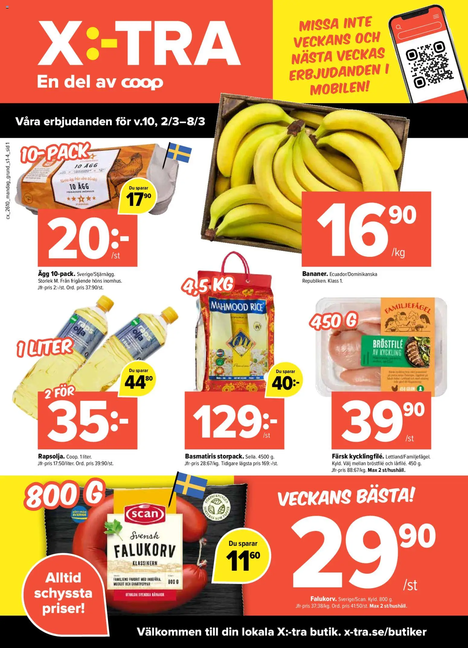 Coop X:-TRA reklamblad aktuell från 02.03.2026 | Sida: 1 | Produkter: Falukorv, Ägg, Olja