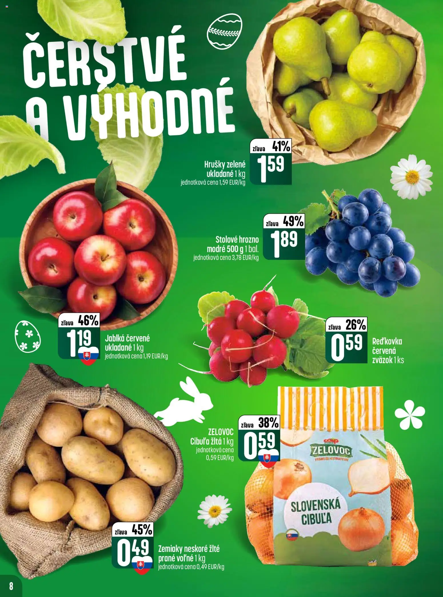 Nové COOP Jednota akcie – leták je platný od 19.03.2026 | Strana: 8 | Produkty: Jablká, Cibuľa, Hrušky, Hrozno