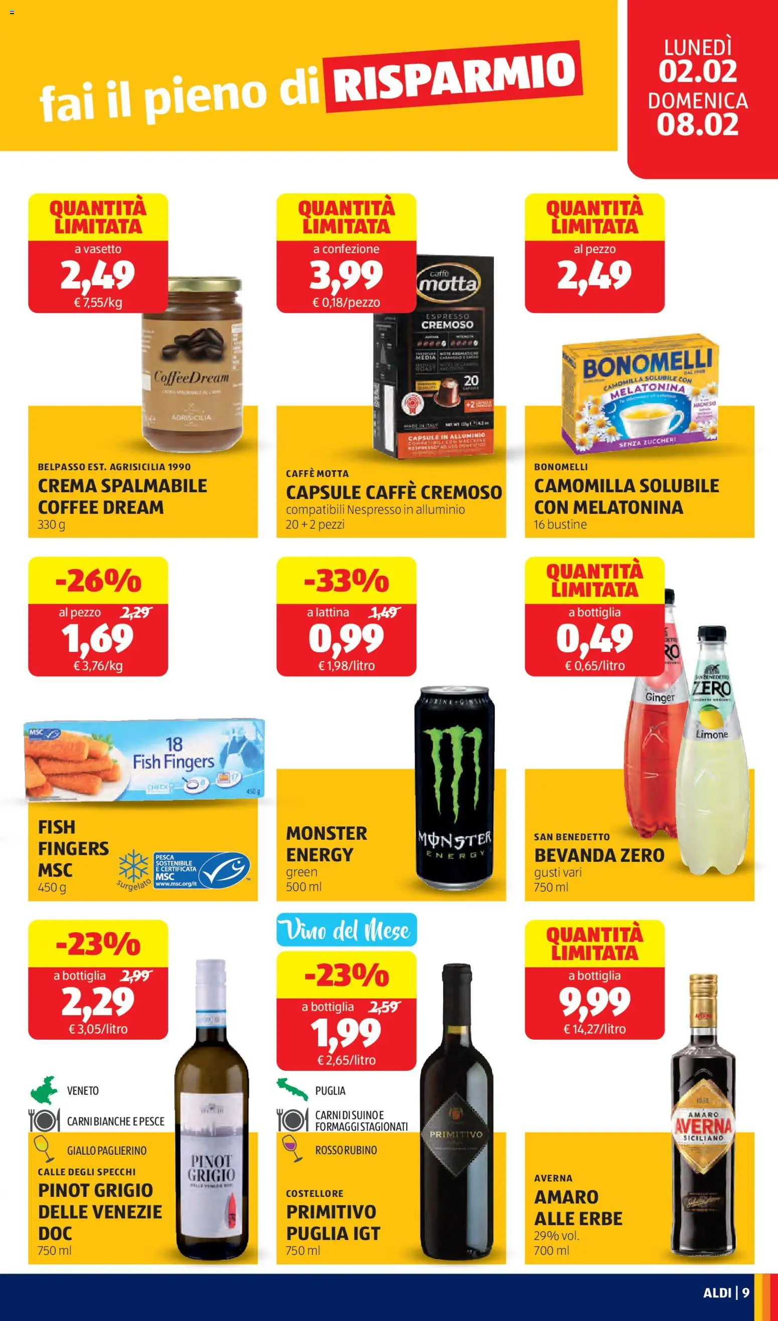 Volantino Aldi del 02.02.2026 | Pagina: 9 | Prodotti: Caffè, Pesca, Bottiglia, Amaro