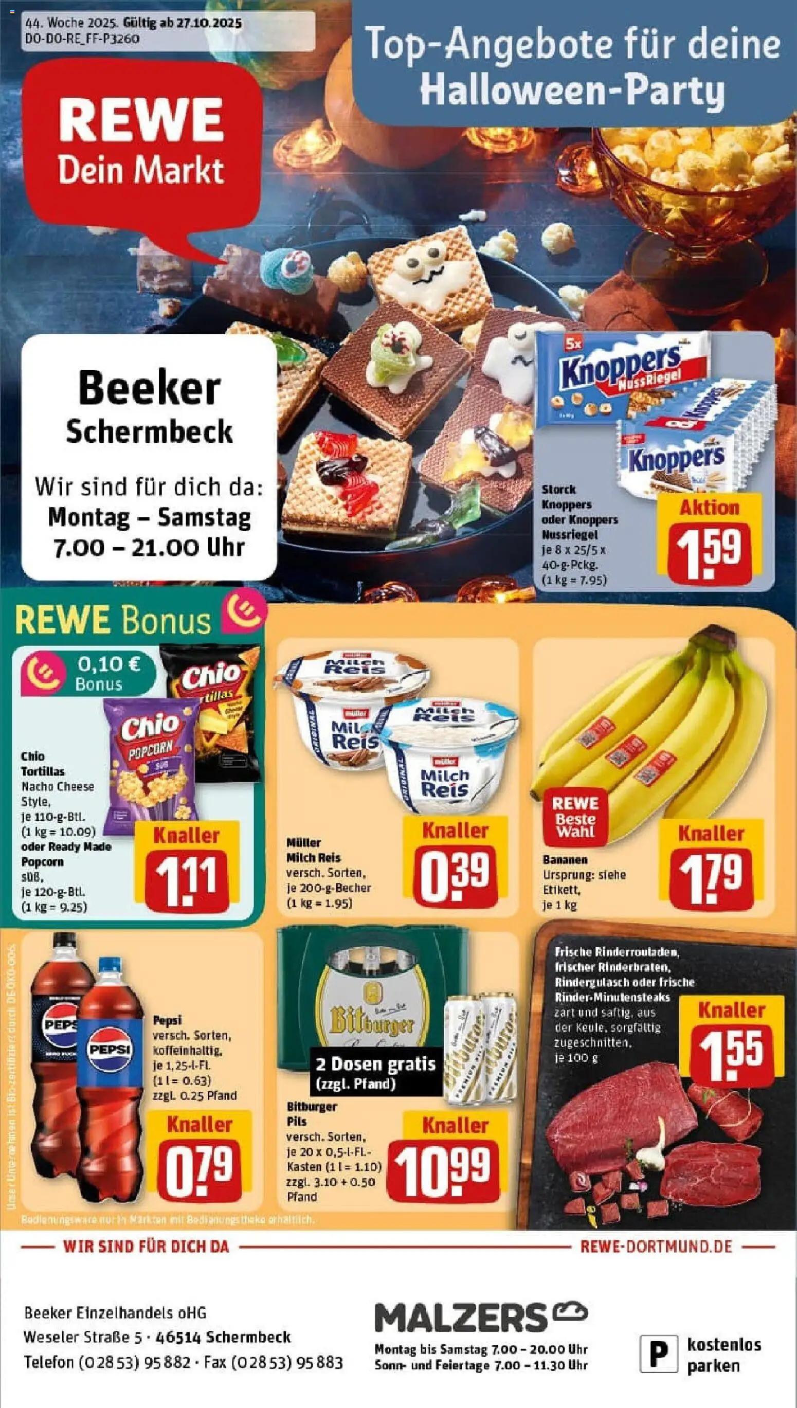Rewe prospekt Schermbeck	 – gültig ab 26.10.2025 | Seite: 1 | Produkte: Milch, Knoppers, Chio tortillas, Telefon