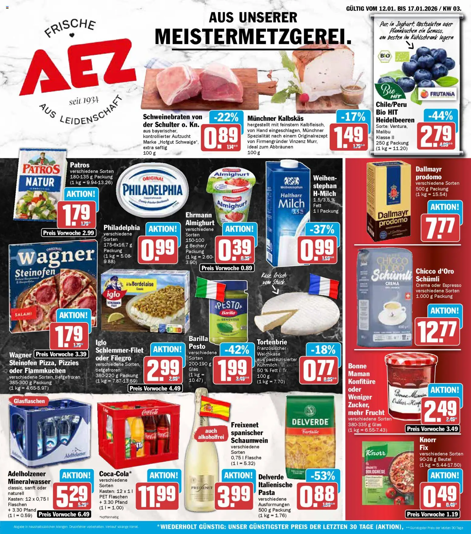 AEZ Prospekt 	 – gültig ab 12.01.2026 | Seite: 1 | Produkte: Freixenet, Iglo, Adelholzener, Heidelbeeren