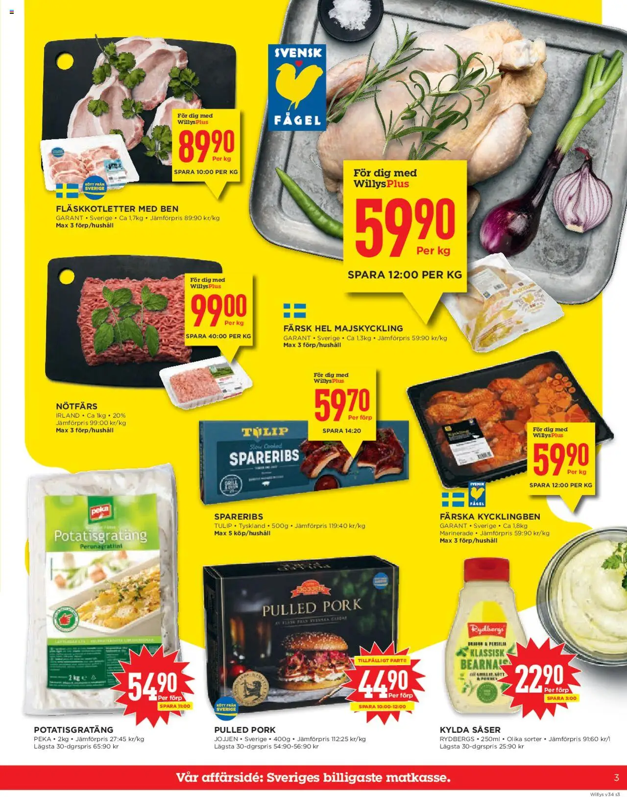 Willys reklamblad aktuell från 18.08.2025 | Sida: 3 | Produkter: Nötfärs, Potatisgratäng, Fläsk