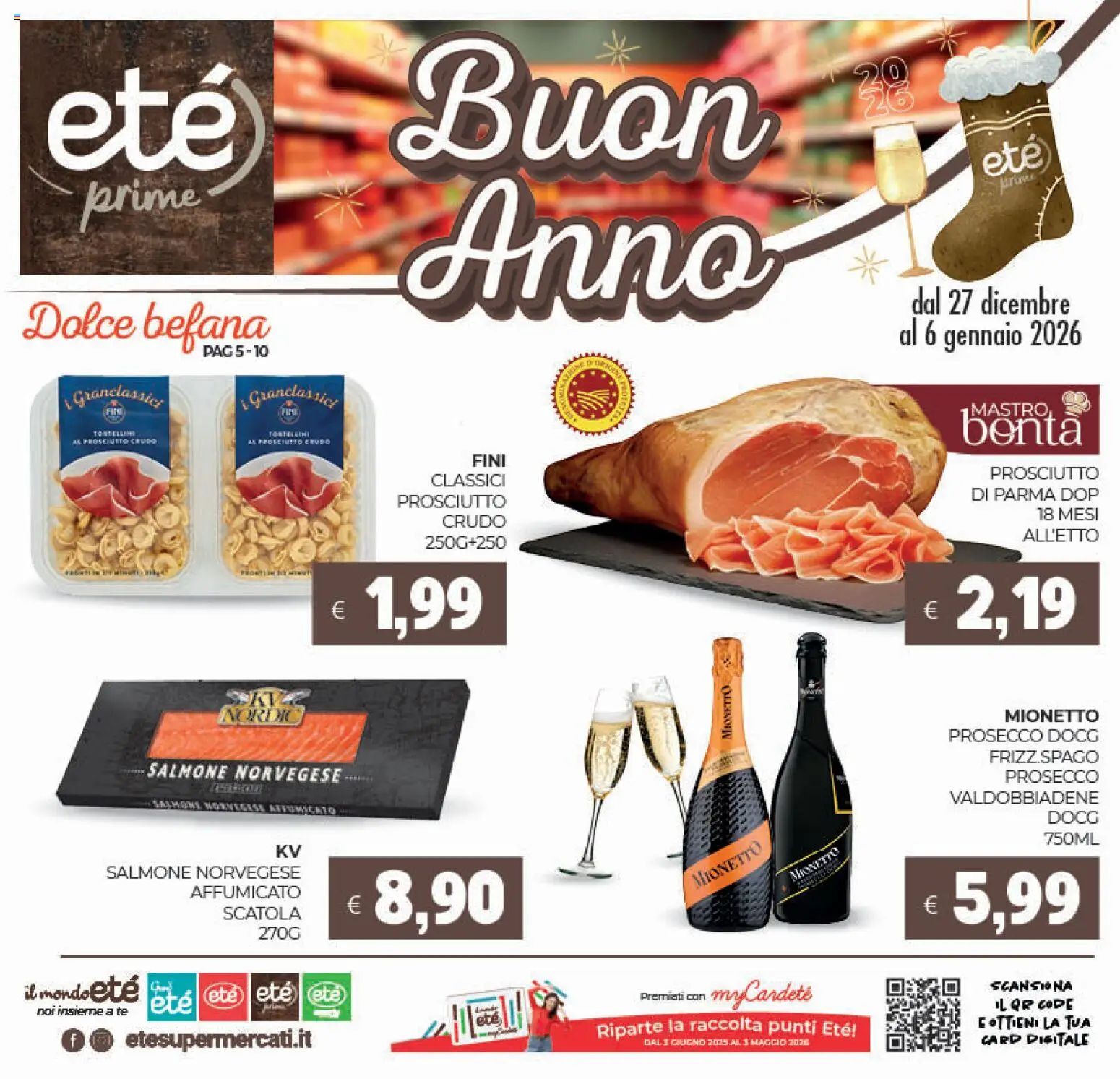 Volantino Eté del 27.12.2025 | Pagina: 1 | Prodotti: Prosciutto Crudo, Prosciutto di Parma, Salmone, Prosecco
