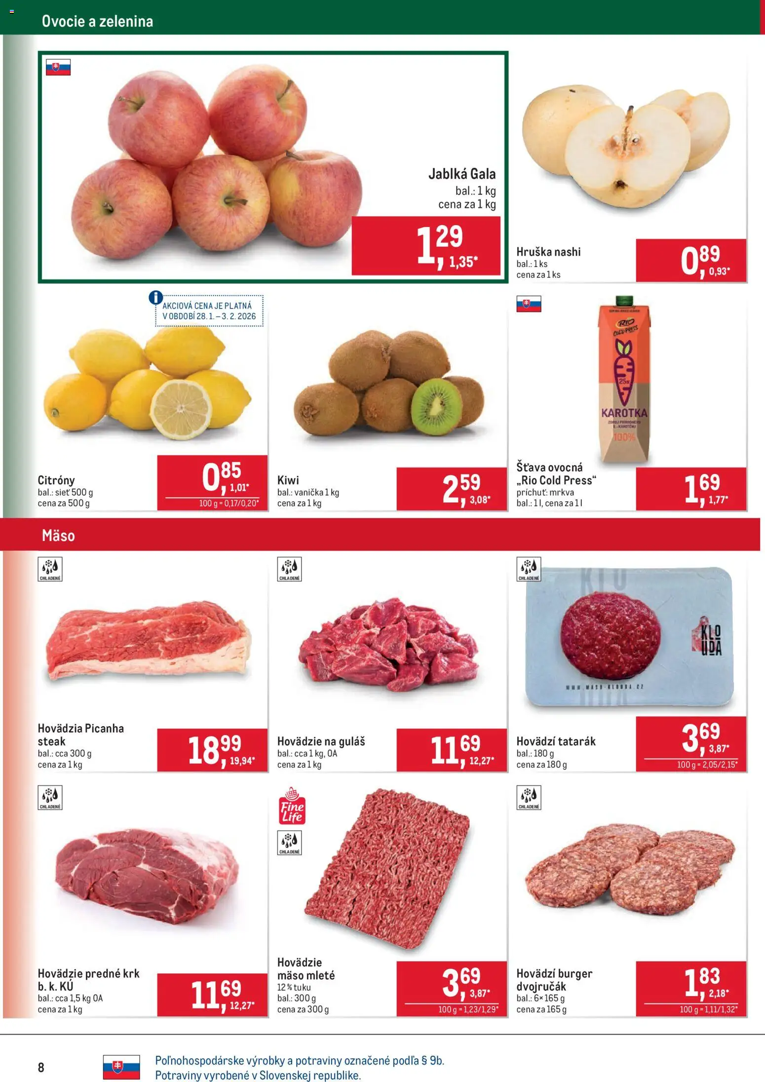 Nové Metro akcie – leták je platný od 28.01.2026 | Strana: 8 | Produkty: Tatarák, Kiwi, Mrkva, Steak
