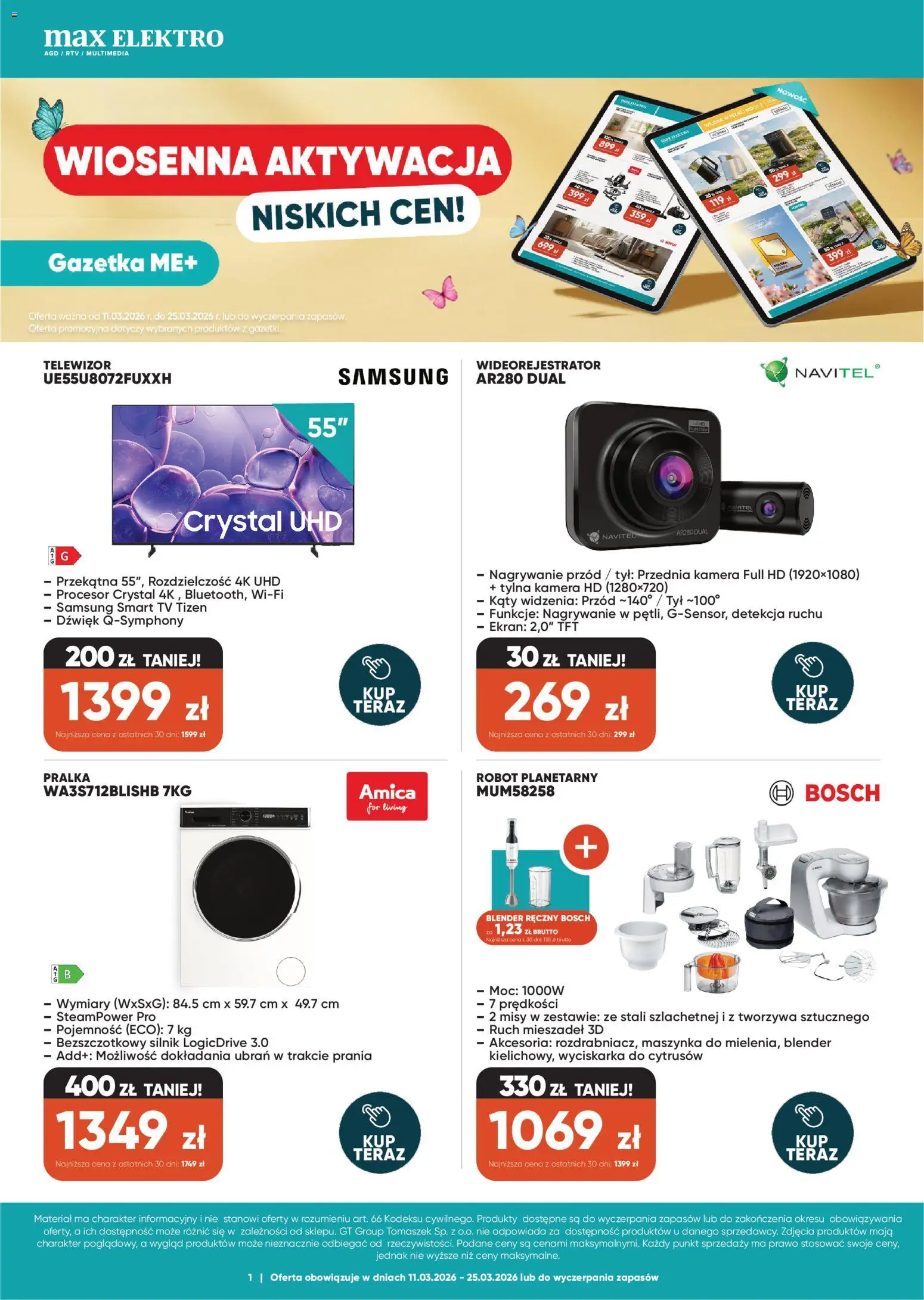 Max elektro gazetka od 11.03.2026 | Strona: 1 | Produkty: Blender ręczny, Telewizor, Pralka, Robot