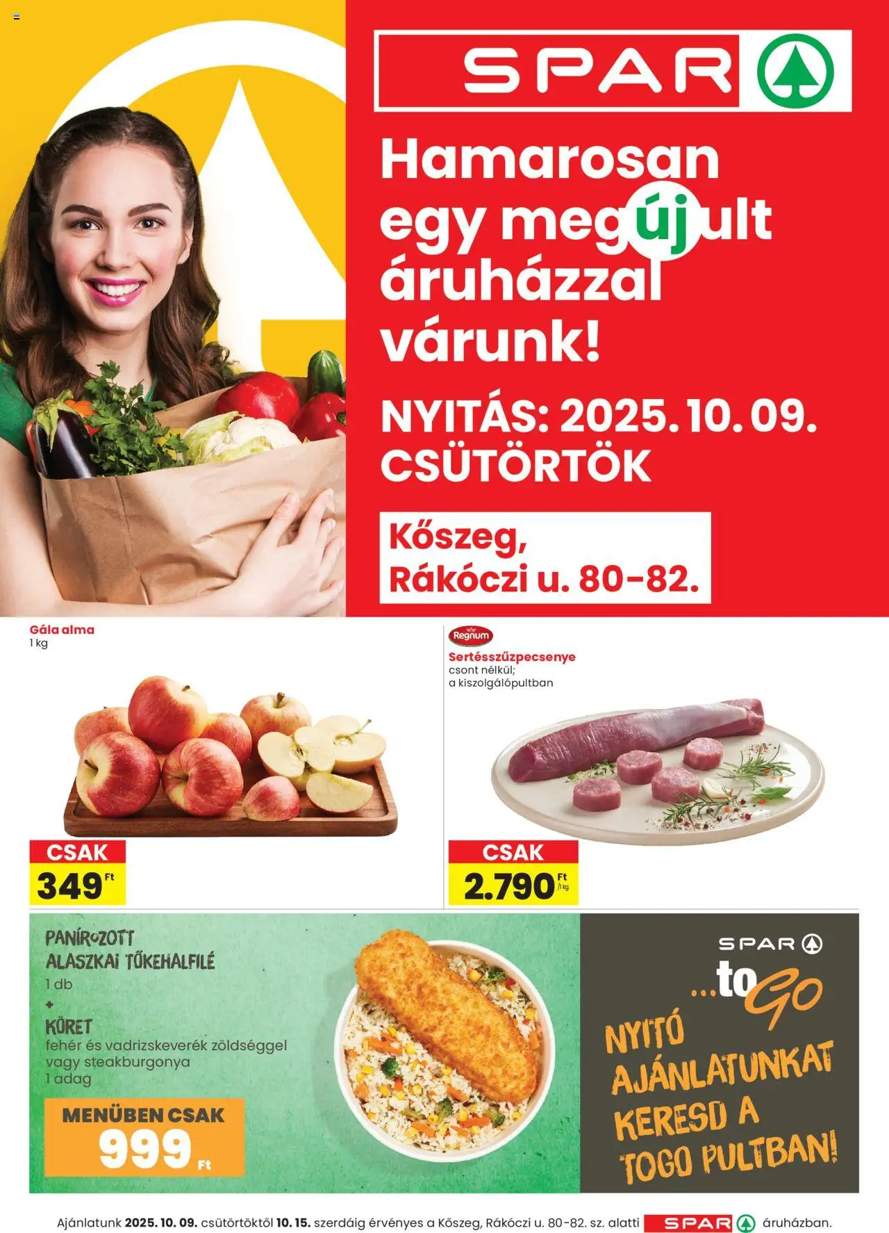 Spar akciós ujság - amely érvényes a következő dátumtól: 09.10.2025 | Oldal: 1 | Termékek: Alaszkai tőkehalfilé, Alma