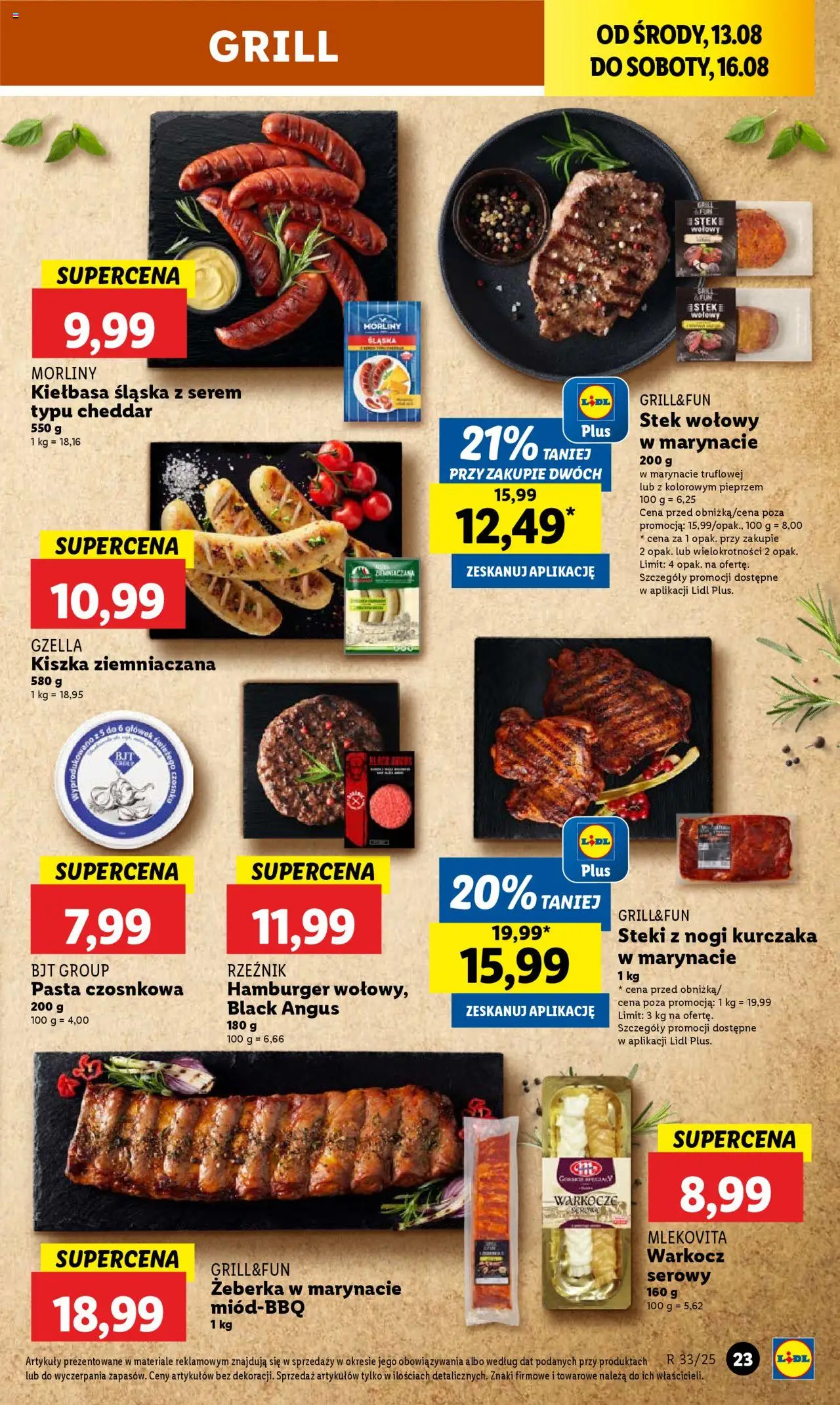Lidl Gazetka od 13.08.2025 | Strona: 25 | Produkty: Hamburger, Steki, Kiełbasa śląska, Cheddar