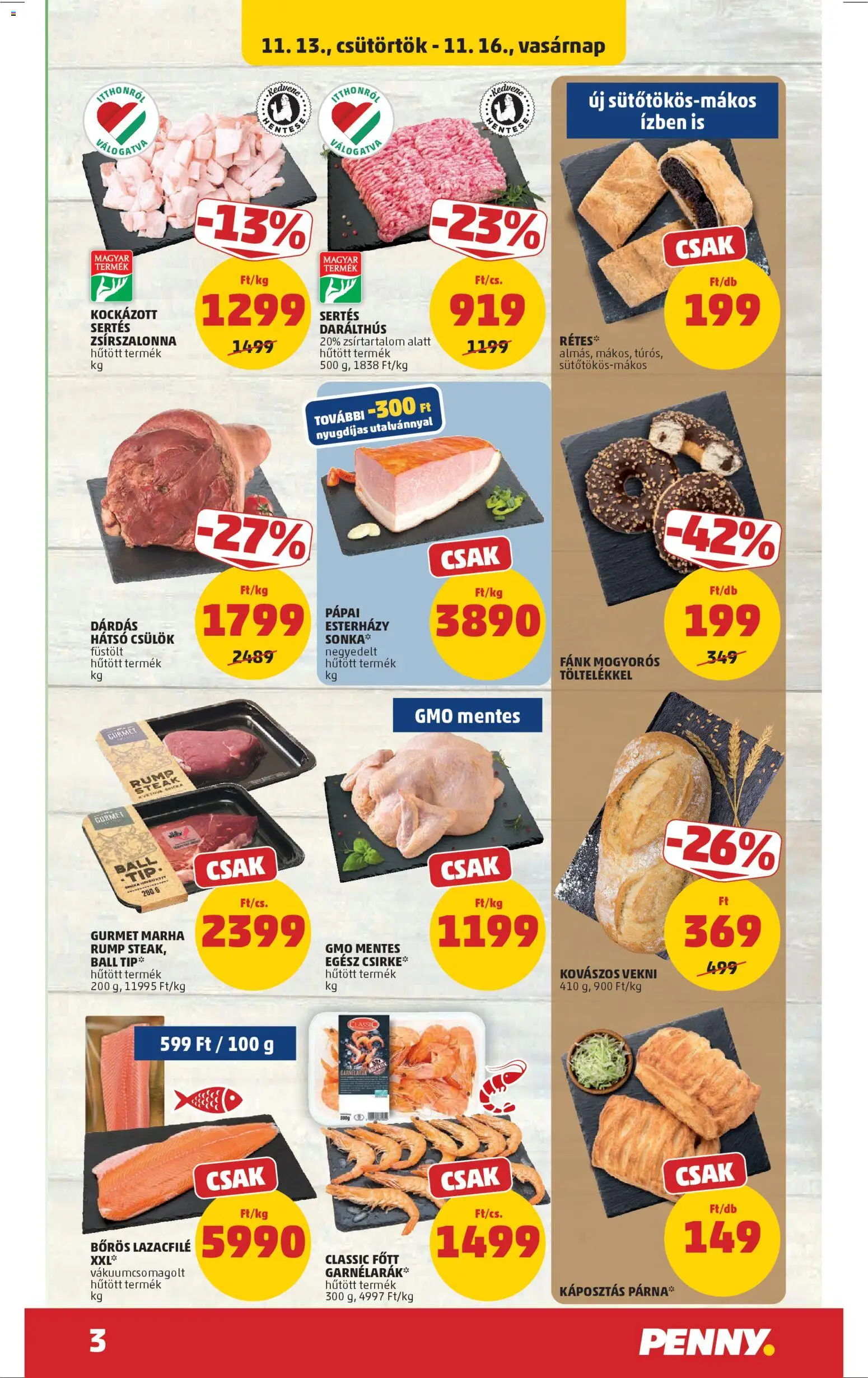 PENNY akciós ujság - amely érvényes a következő dátumtól: 13.11.2025 | Oldal: 3 | Termékek: Fánk, Lazacfilé