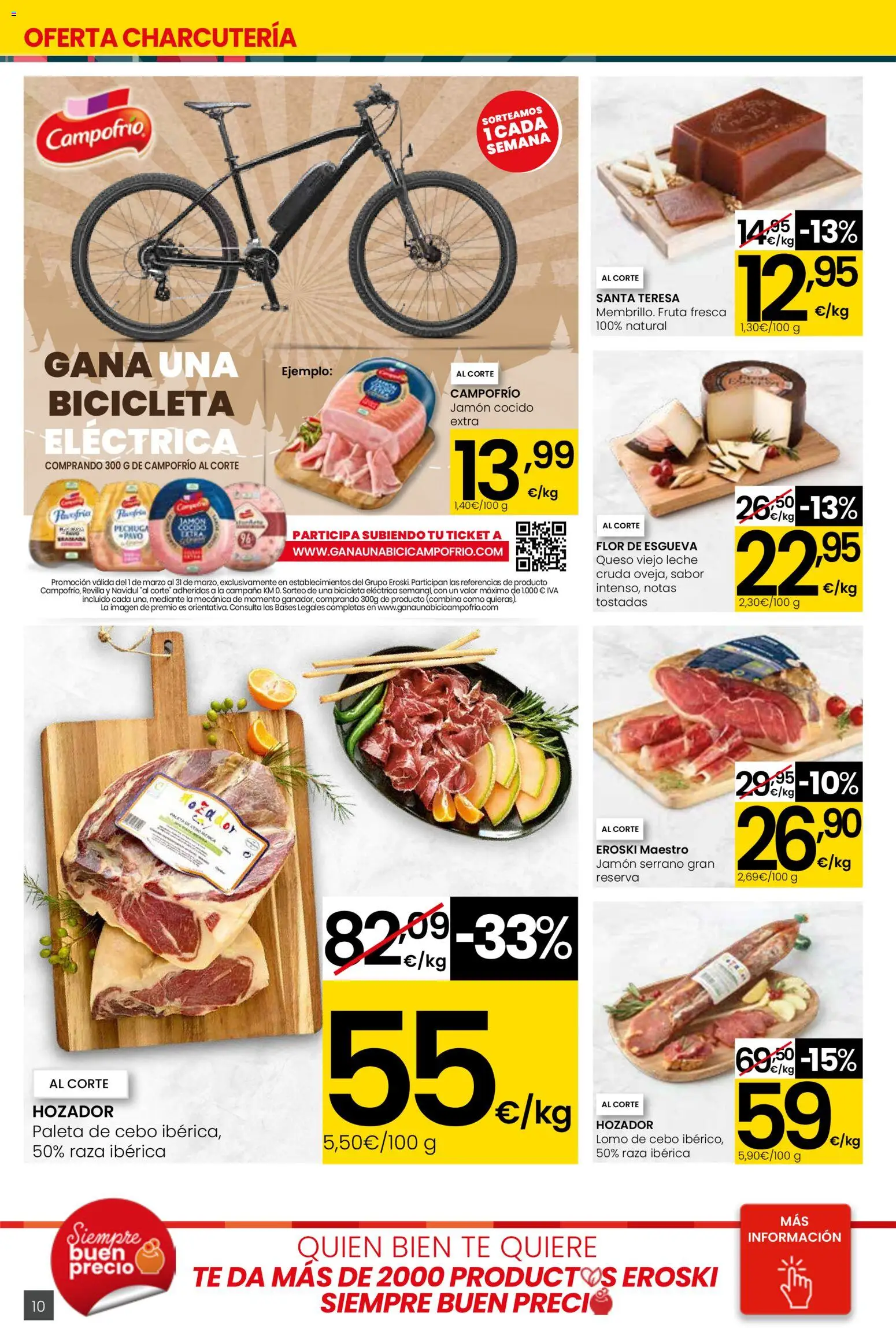 Eroski - Viste tu cesta de primavera Center │ válido desde el 12.03.2026 | Página: 10 | Productos: Jamón serrano, Bicicleta, Bicicleta eléctrica, Queso