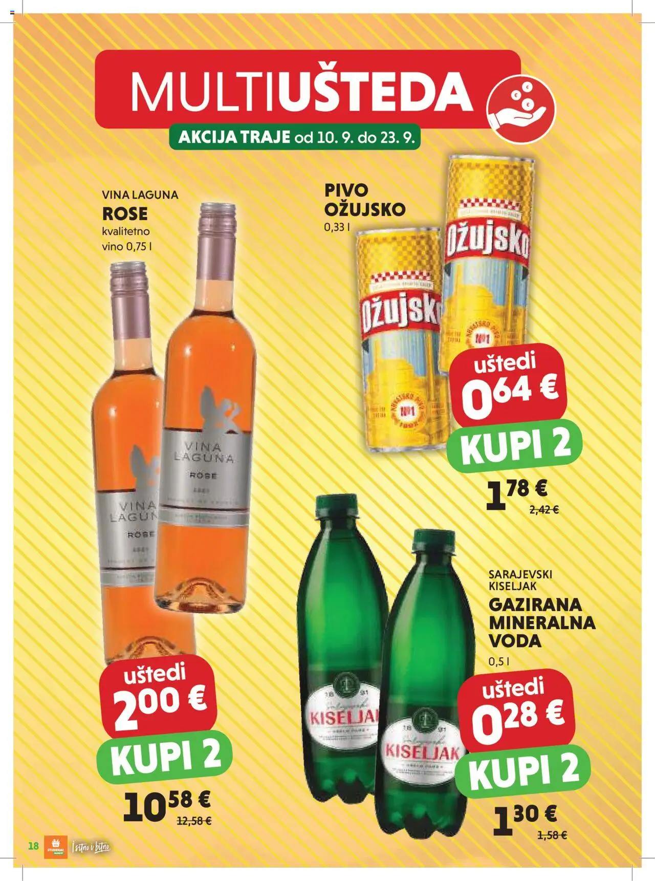 Studenac katalog | vrijedi od 10.09.2025 | Stranica: 18 | Proizvodi: Gazirana mineralna voda, Sarajevski kiseljak, Vino, Pivo