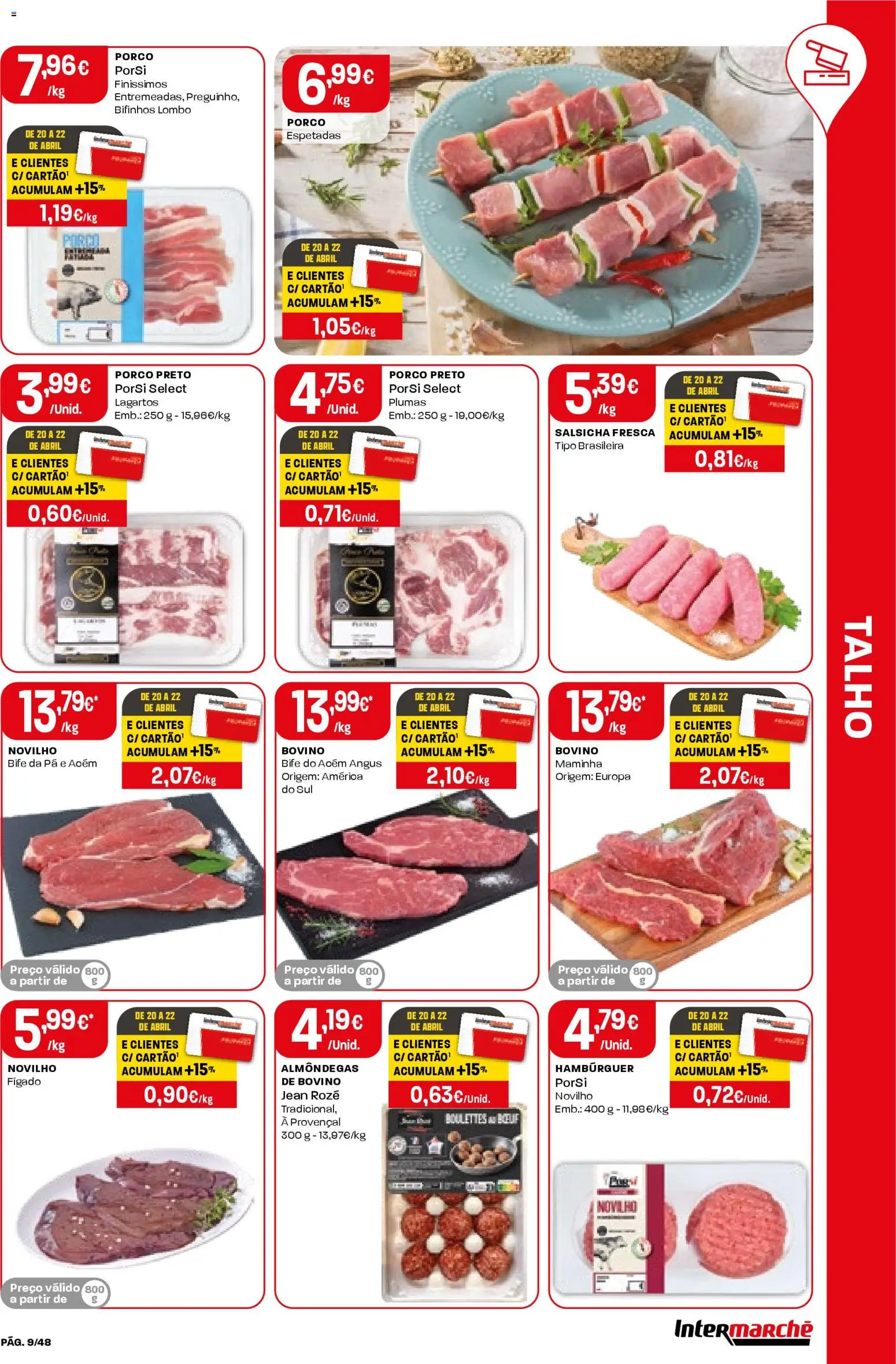 Intermarché folheto │ válido de 16.04.2026 | Página: 9 | Produtos: Hambúrguer, Salsicha, Lombo, Pá