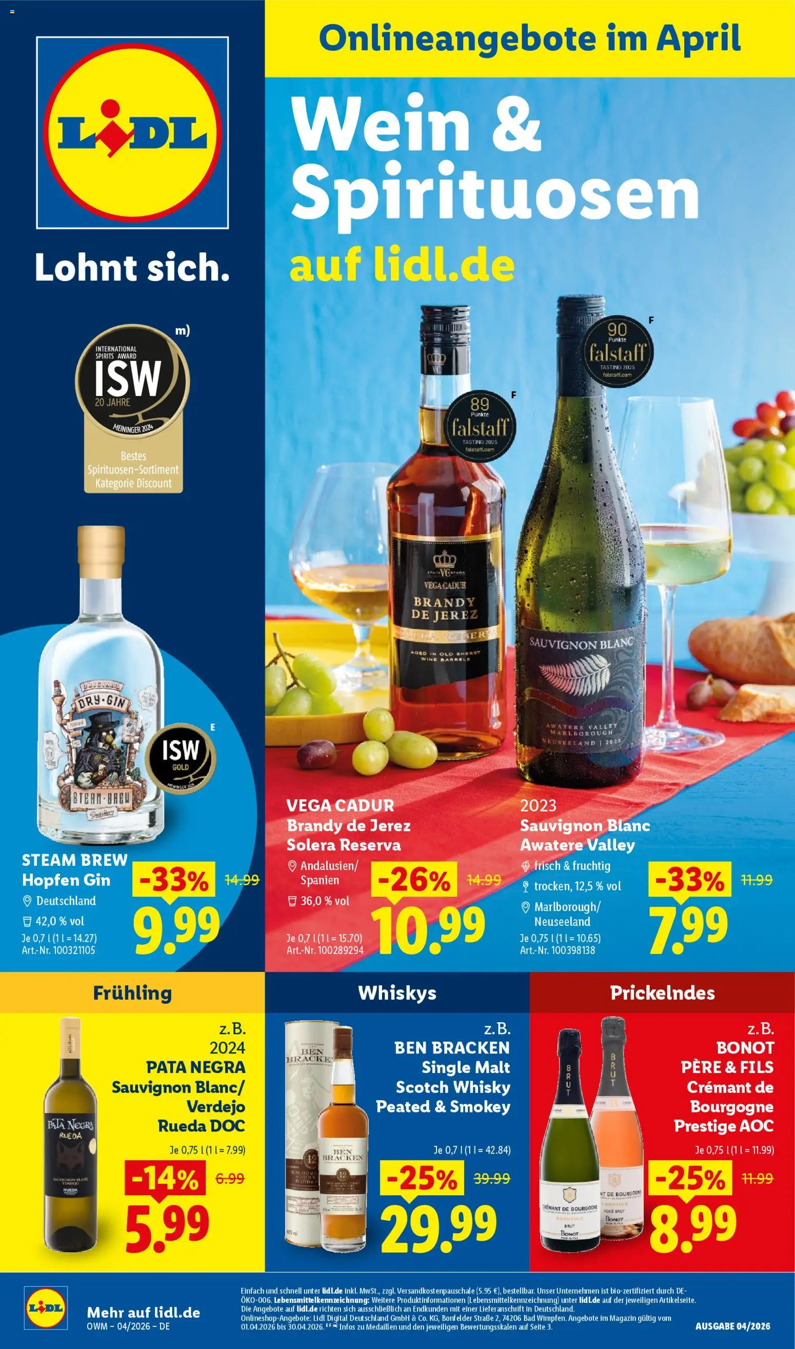 Lidl Prospekt – gültig ab 01.04.2026 | Seite: 1 | Produkte: Whisky, Wein, Gin