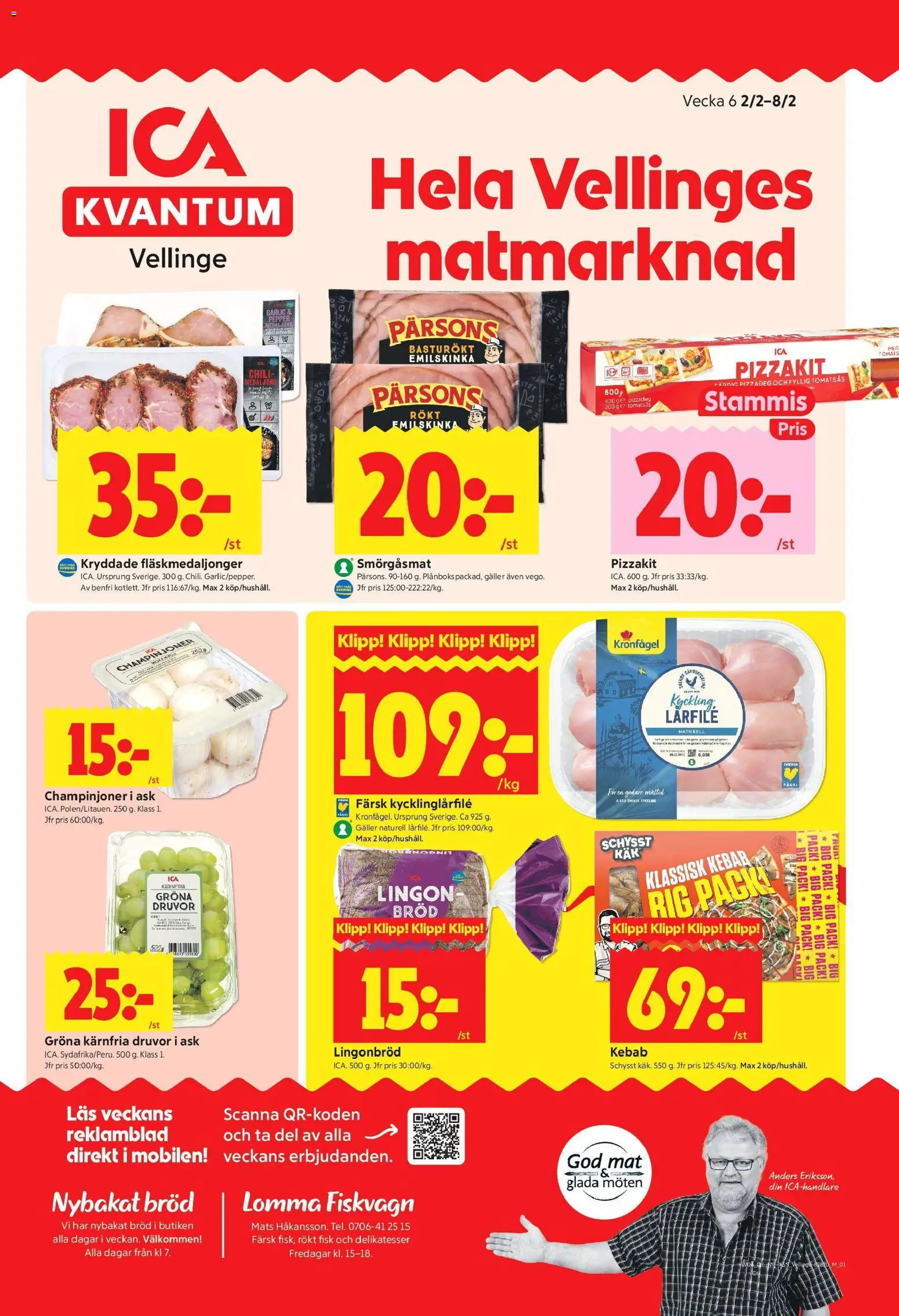 ICA Kvantum reklamblad aktuell från 02.02.2026 | Sida: 1 | Produkter: Bröd, Chili, Champinjoner, Tomatsås