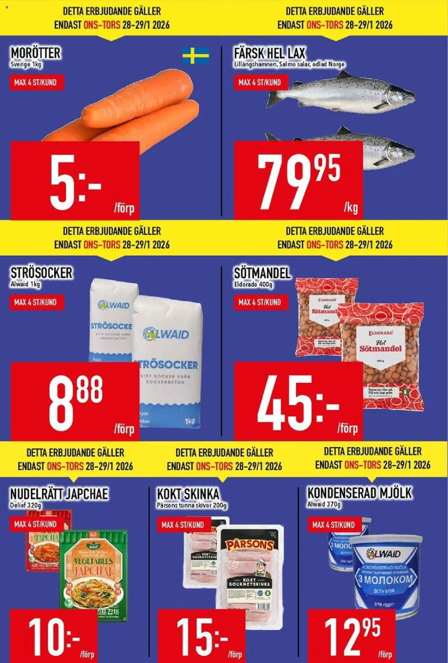 Matdax reklamblad aktuell från 26.01.2026 | Sida: 3 | Produkter: Strösocker, Lax, Mjölk, Skinka