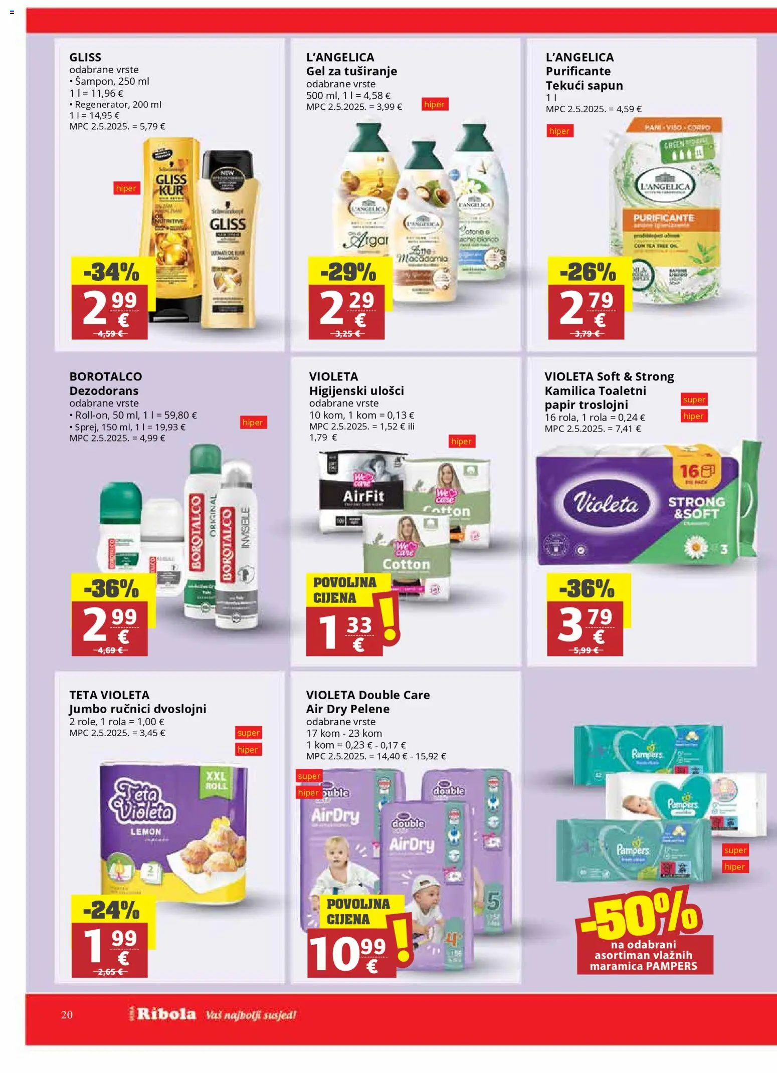 Ribola katalog | vrijedi od 11.03.2026 | Stranica: 20 | Proizvodi: Pelene, Higijenski ulošci, L'Angelica, Borotalco