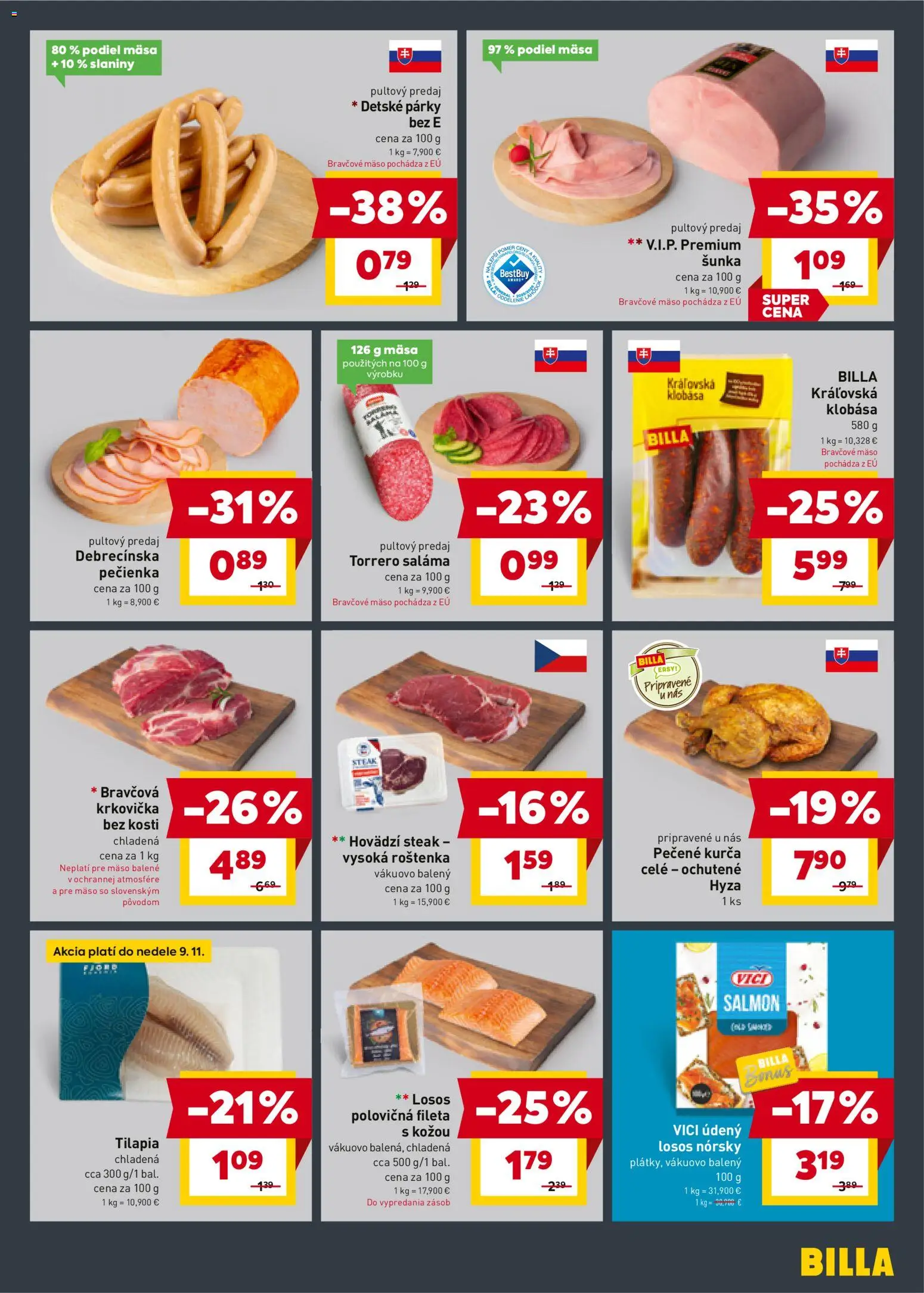 Nové Billa akcie – leták je platný od 05.11.2025 | Strana: 5 | Produkty: Saláma, Losos, Krkovička, Bravčové mäso