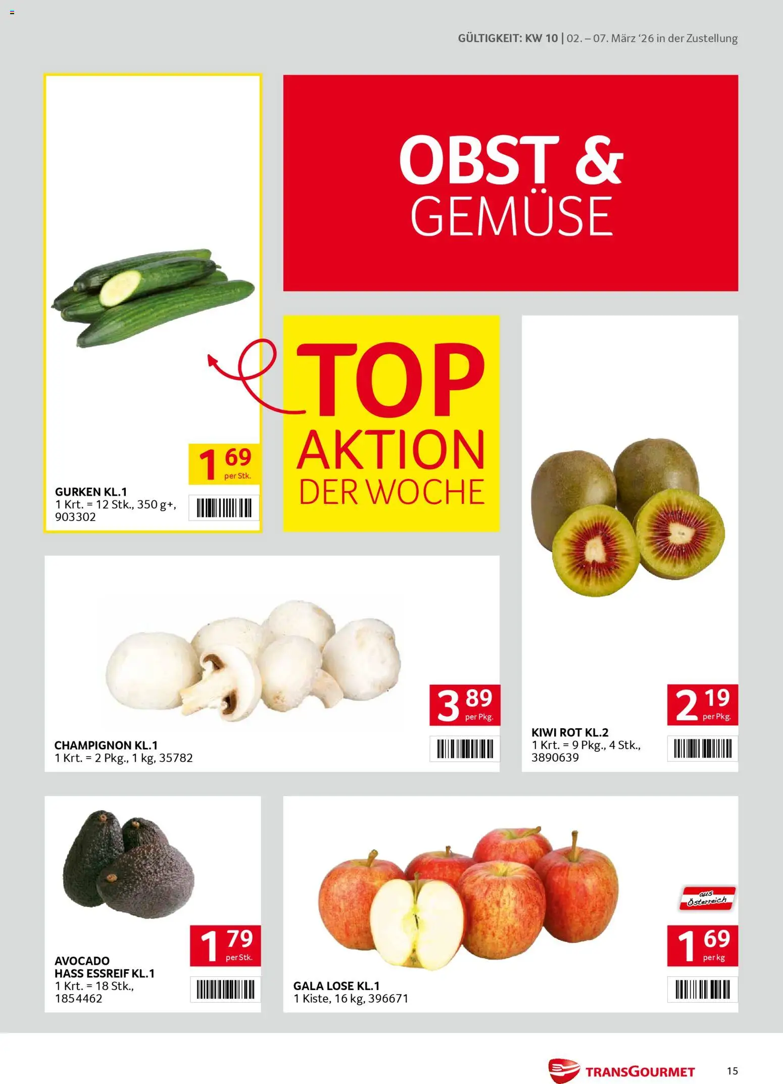 Transgourmet Zustellaktion gültig ab 02.03.2026 | Seite: 15 | Produkte: Gurken, Avocado, Gemüse, Obst
