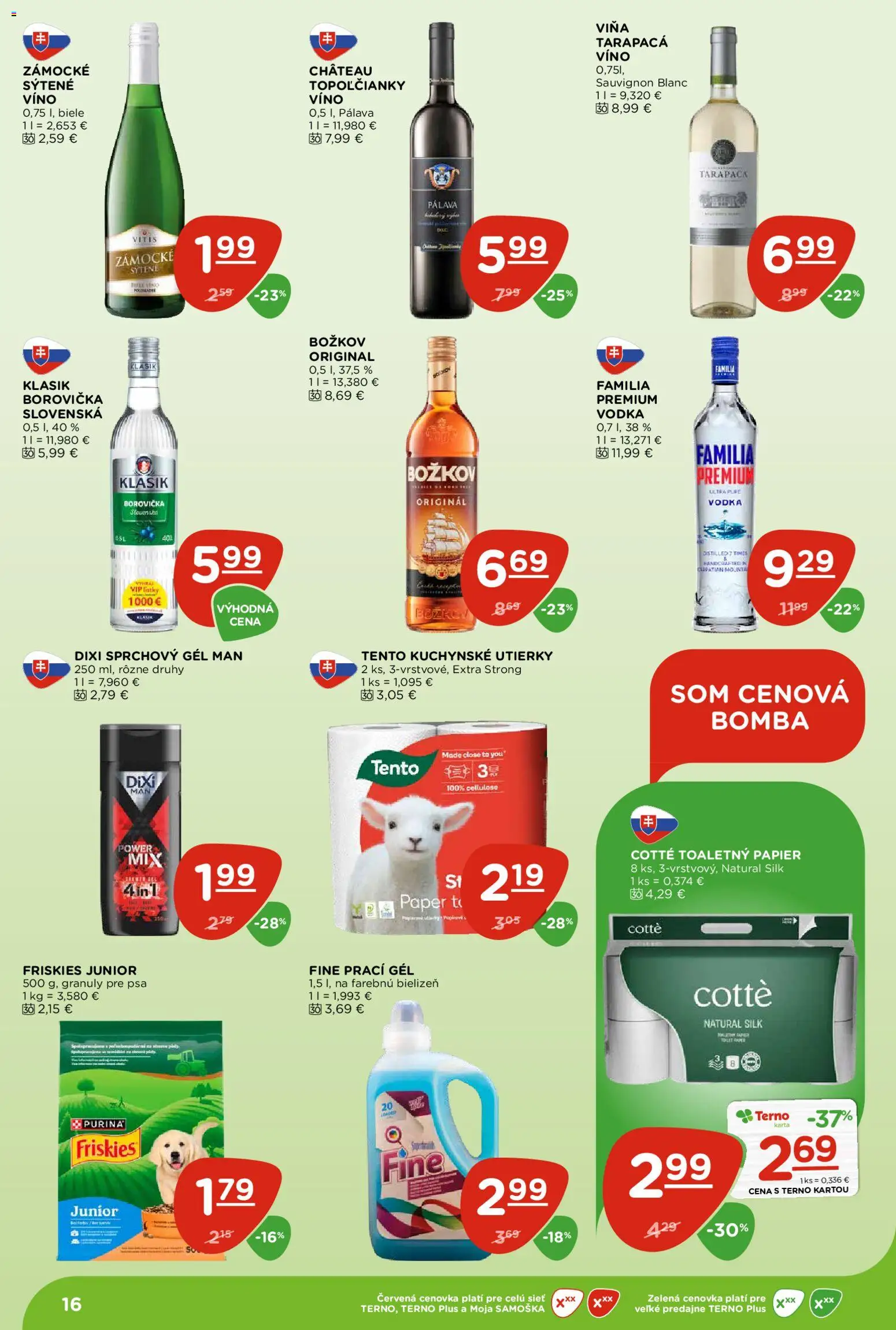 Nové Terno akcie – leták je platný od 09.04.2026 | Strana: 16 | Produkty: Friskies, Borovička, Toaletný papier, Sprchový gél