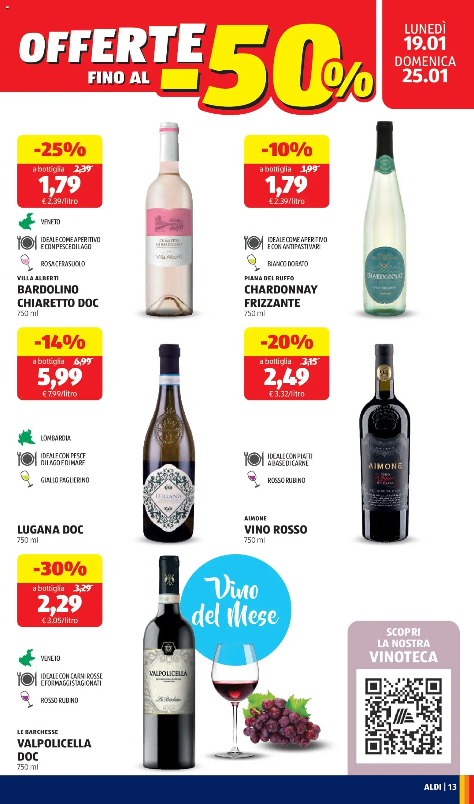 Volantino Aldi del 19.01.2026 | Pagina: 13 | Prodotti: Pesce, Vino, Bottiglia, Vino rosso