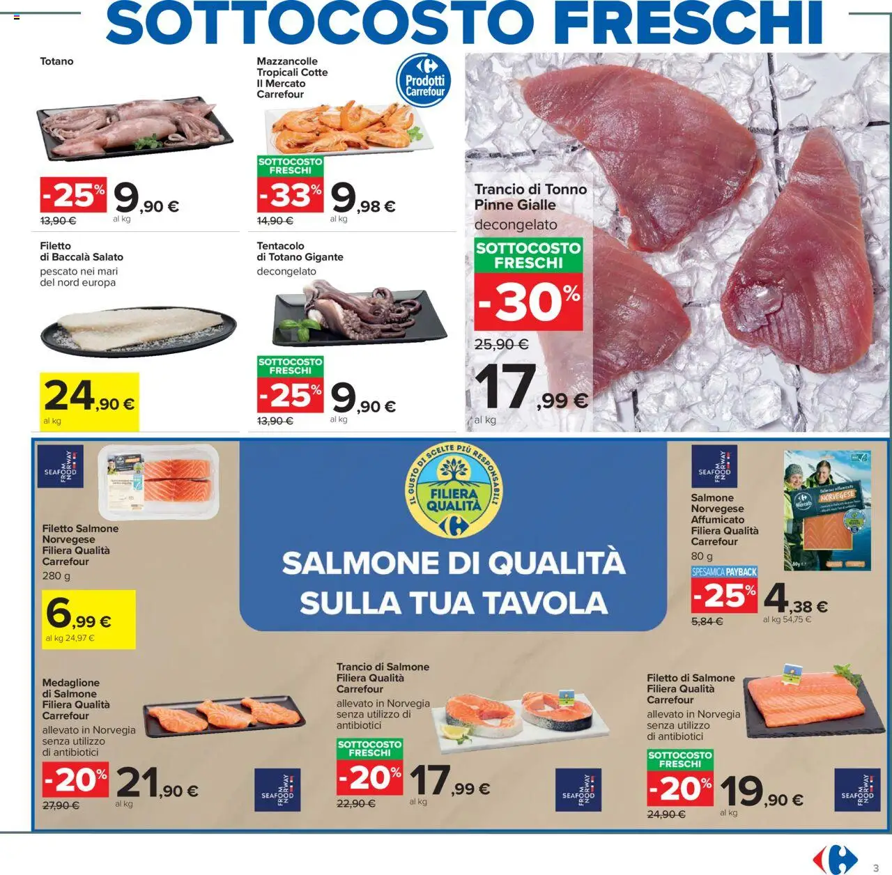 Volantino Carrefour del 23.10.2025 | Pagina: 3 | Prodotti: Salmone affumicato, Pinne, Tonno, Totano