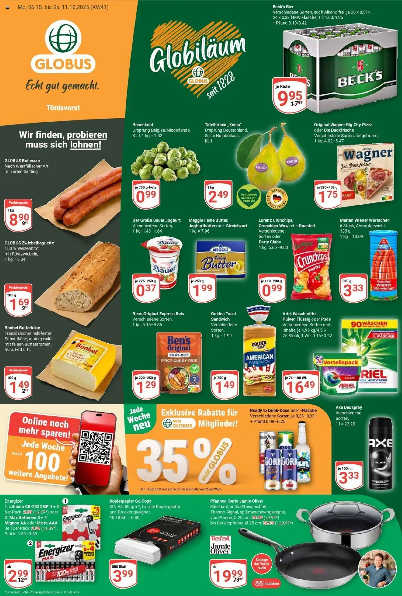 Globus prospekt Tönisvorst	 – gültig ab 06.10.2025 | Seite: 1 | Produkte: Batterien, Butter, Pizza, Drucker