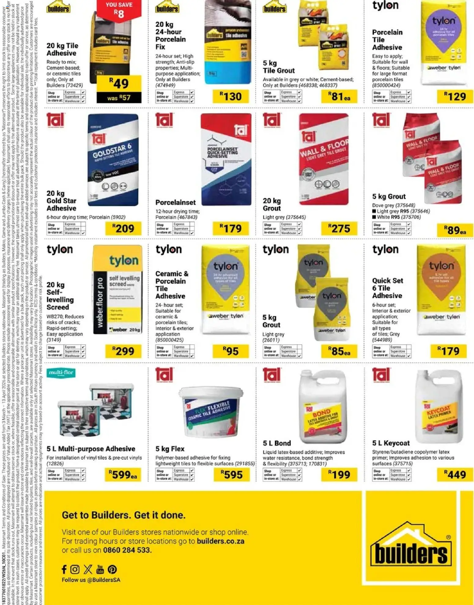 New Builders catalogue – valid from 03.03.2026 | Page: 16 | Products: Tile grout, Adhesive, Chips, Water