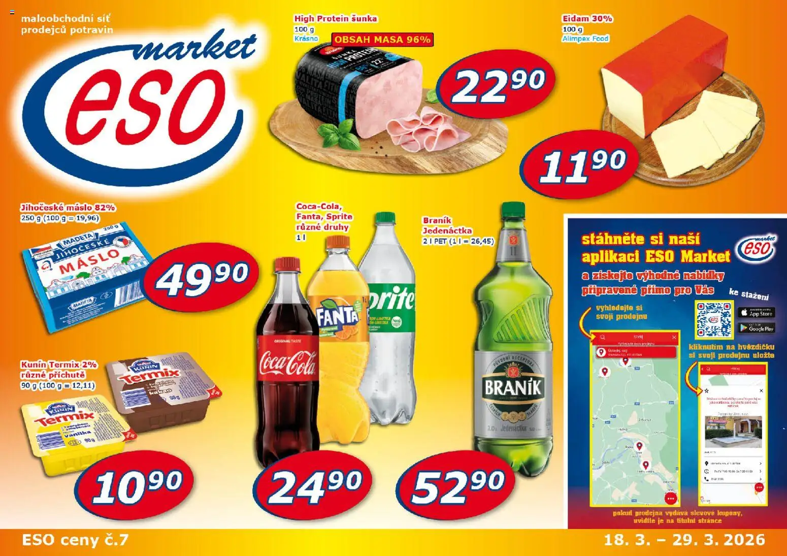 Eso market leták od 18.03.2026 | Strana: 1 | Produkty: Eidam, Braník, Protein, Jihočeské máslo