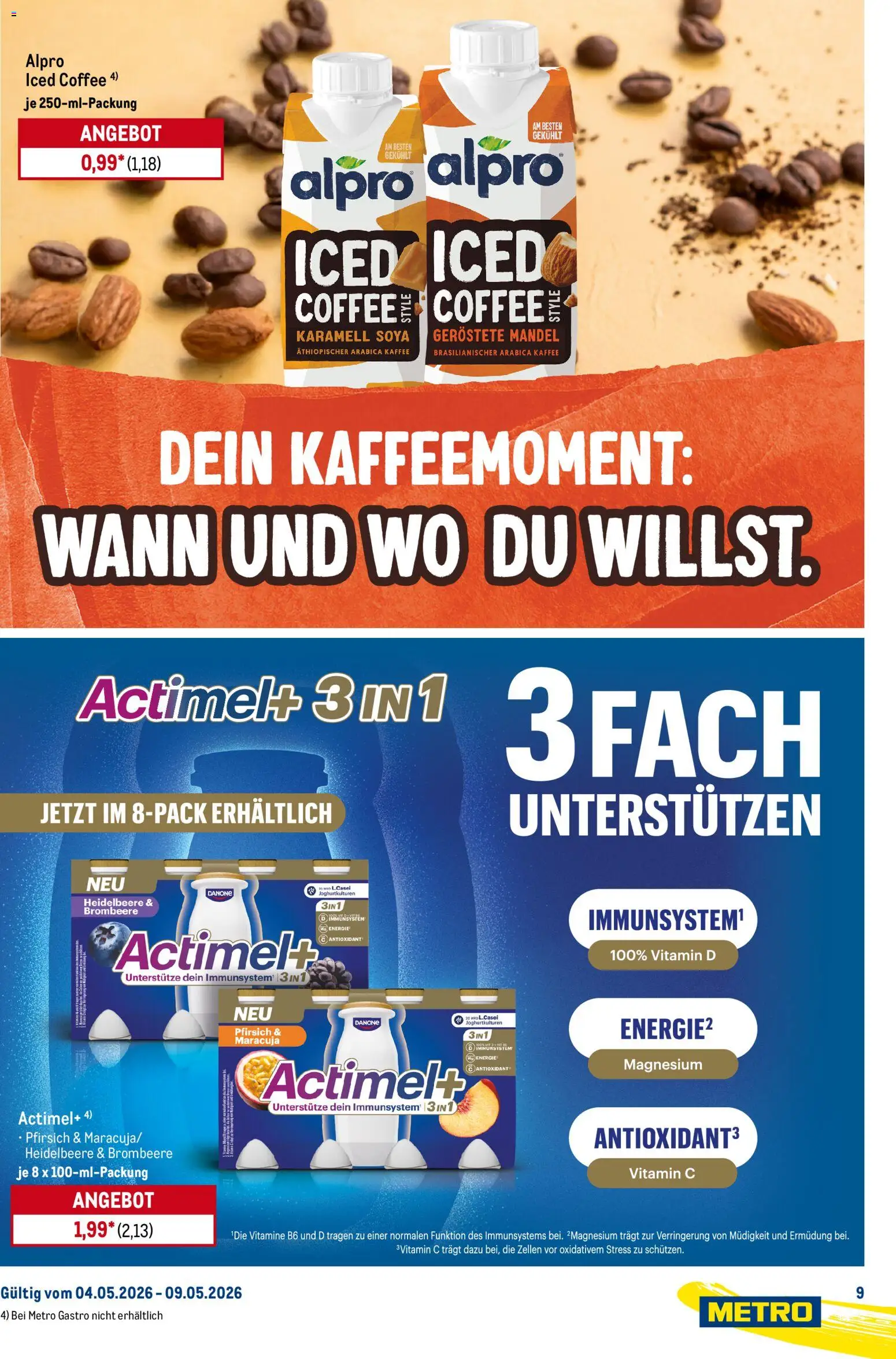 Metro Starke Marken – gültig ab 04.05.2026 | Seite: 9 | Produkte: Actimel, Kaffee, Alpro, Pfirsich