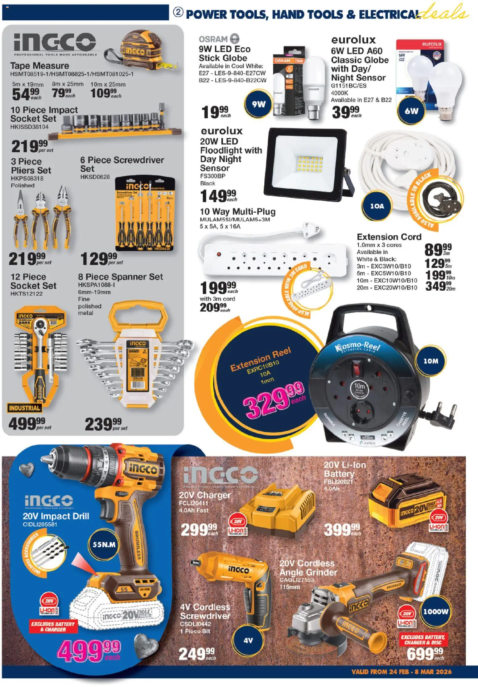 New MICA catalogue – valid from 24.02.2026 | Page: 2 | Products: Globe, Battery, Angle grinder, Tape
