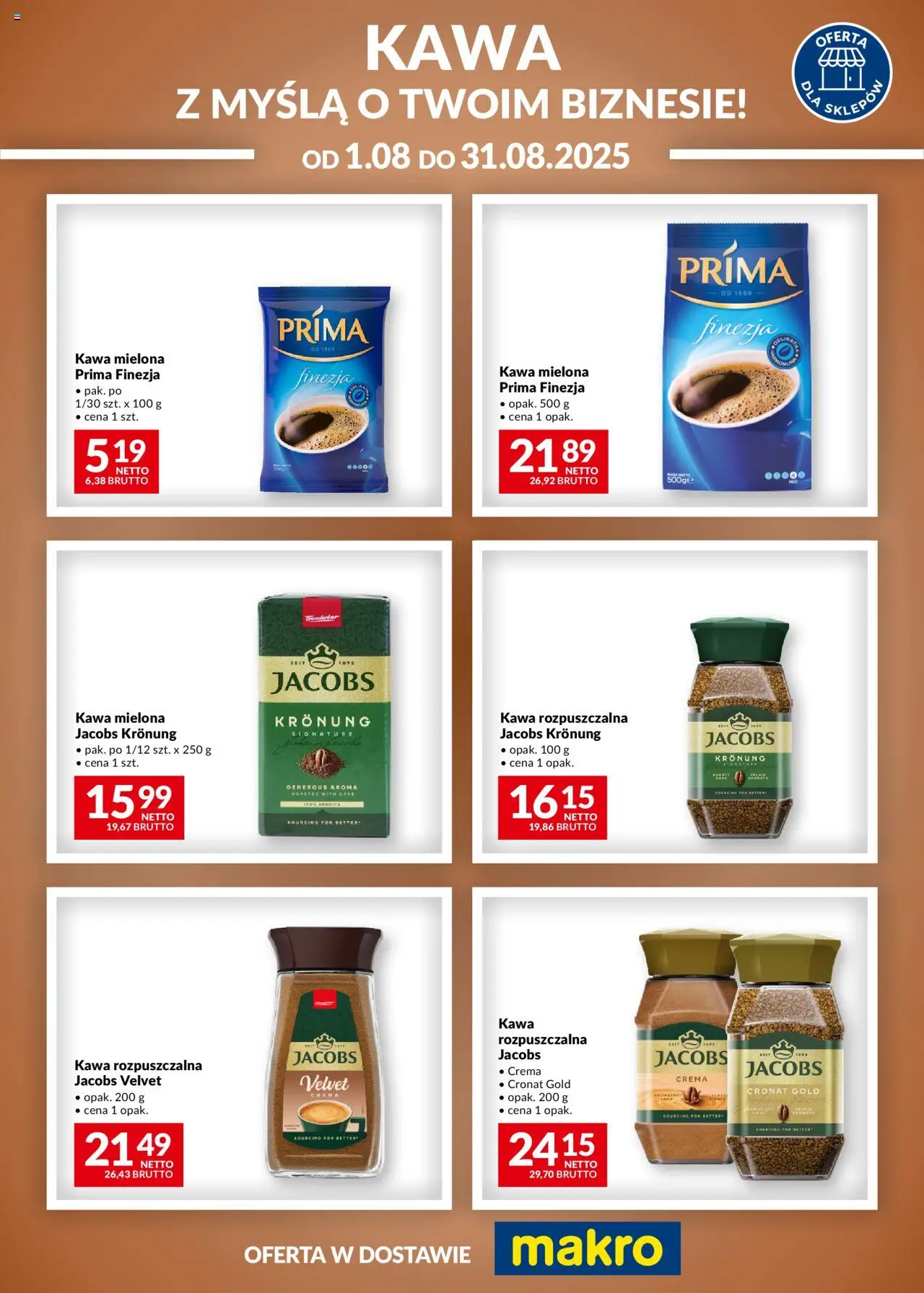 Makro Gazetka - Kawa Jacobs od 01.08.2025 | Strona: 1 | Produkty: Kawa rozpuszczalna, Prima finezja kawa mielona, Kawa