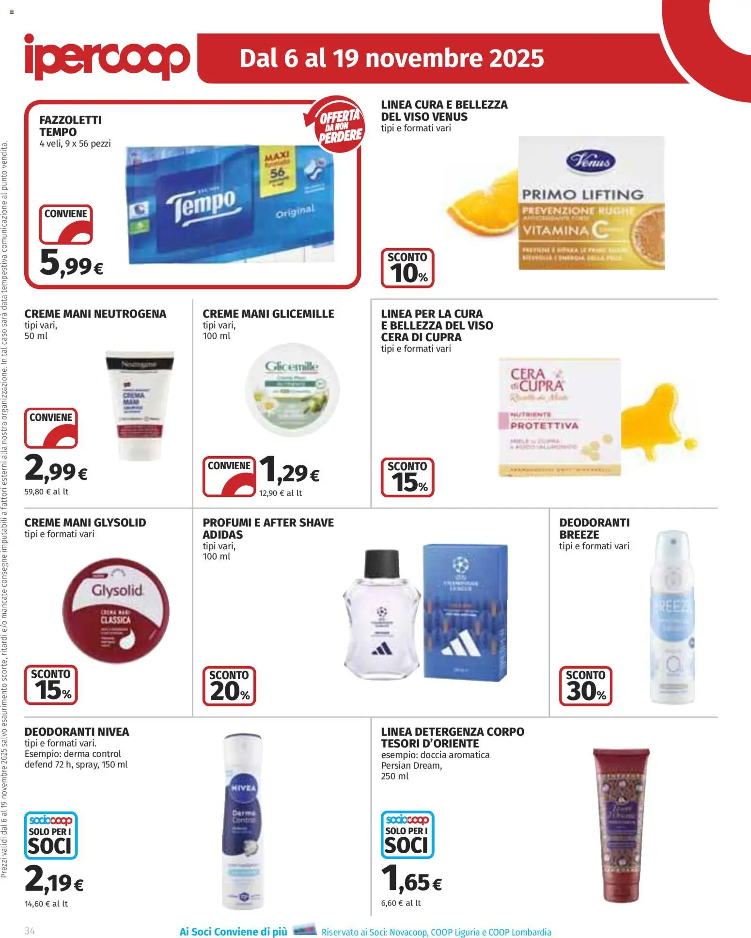 Volantino Ipercoop del 06.11.2025 | Pagina: 34 | Prodotti: Crema, Fazzoletti, Data, Miele